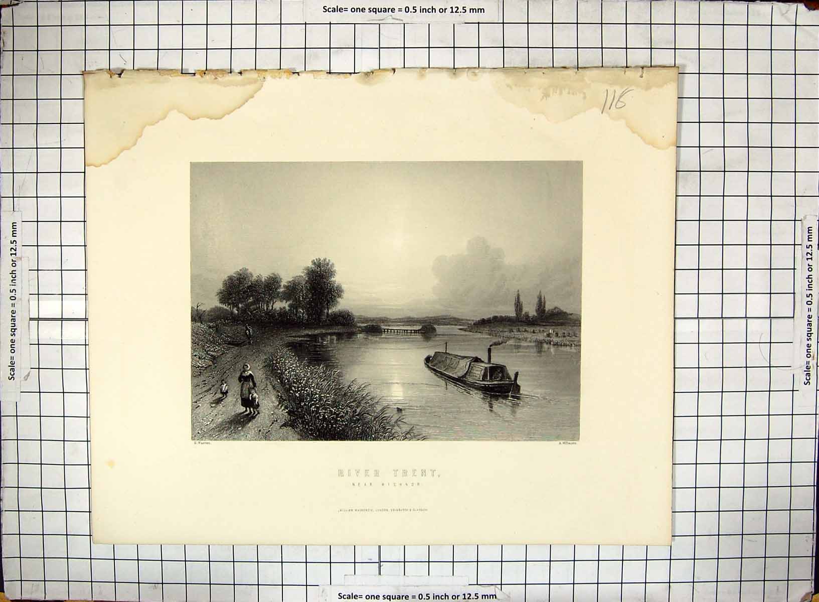 Old Antique Print View River Trent Wighnor Boat Warren Willmore Engraving