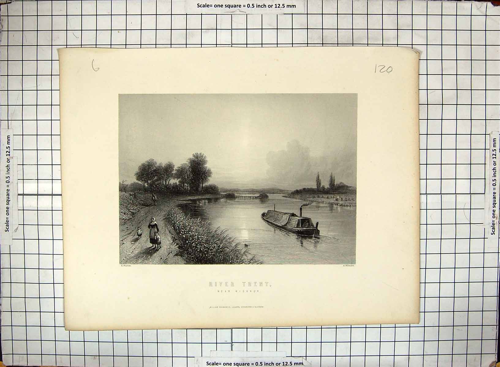 Old Print View River Trent Wighnor Boat Warren Willmore Engraving England
