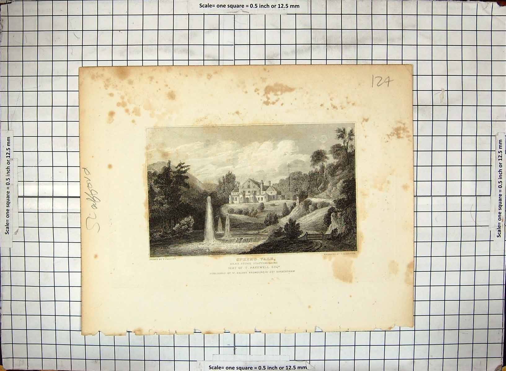 Antique Old Print View Spring Vale Stone Stafford Bakewell Calvert Radclyffe