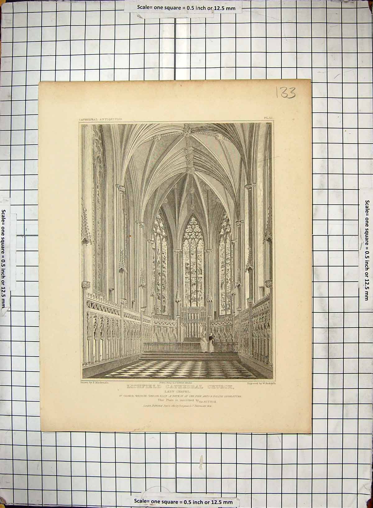 Old Print 1820 Lichfield Cathedral Church Lady Chapel Mackenzie Radclyffe 19th