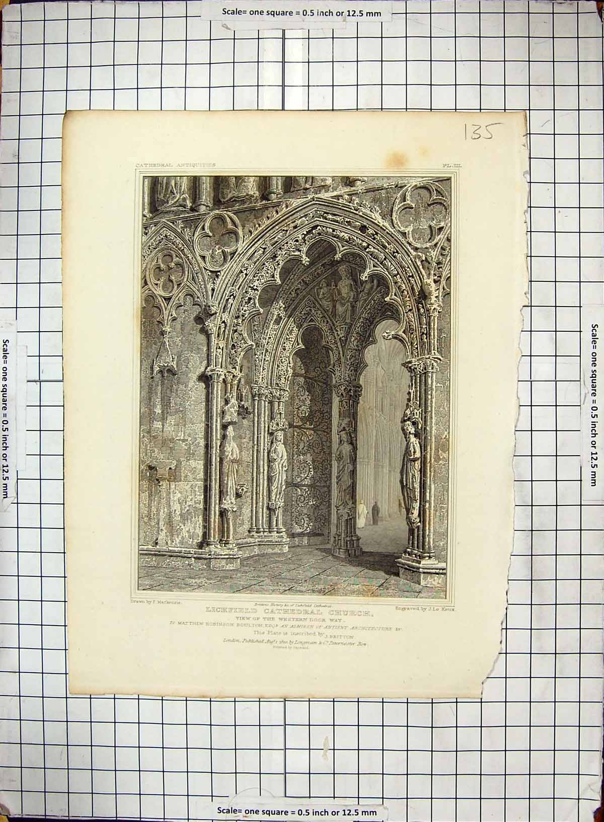 Antique Print 1820 Lichfield Cathedral Church Door Mackenzie Keux Engraving