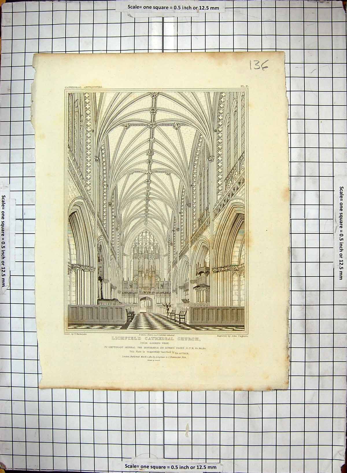Antique Old Print 1820 Lichfield Cathedral Church Choir Mackenzie Cleghorn 19th