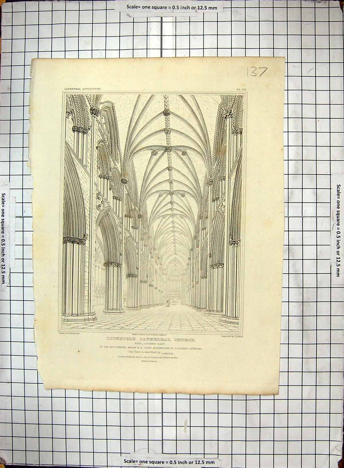 Antique Print 1819 Lichfield Cathedral Church Nave Mackenzie Keux Engraving