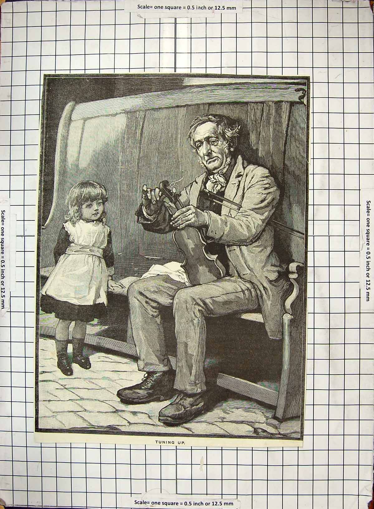 Original Old Antique Print Music Instrument Man Violin Tuning Up Young Girl