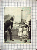 Antique Old Print London Trafalgar Square Young Children Fishing Policeman