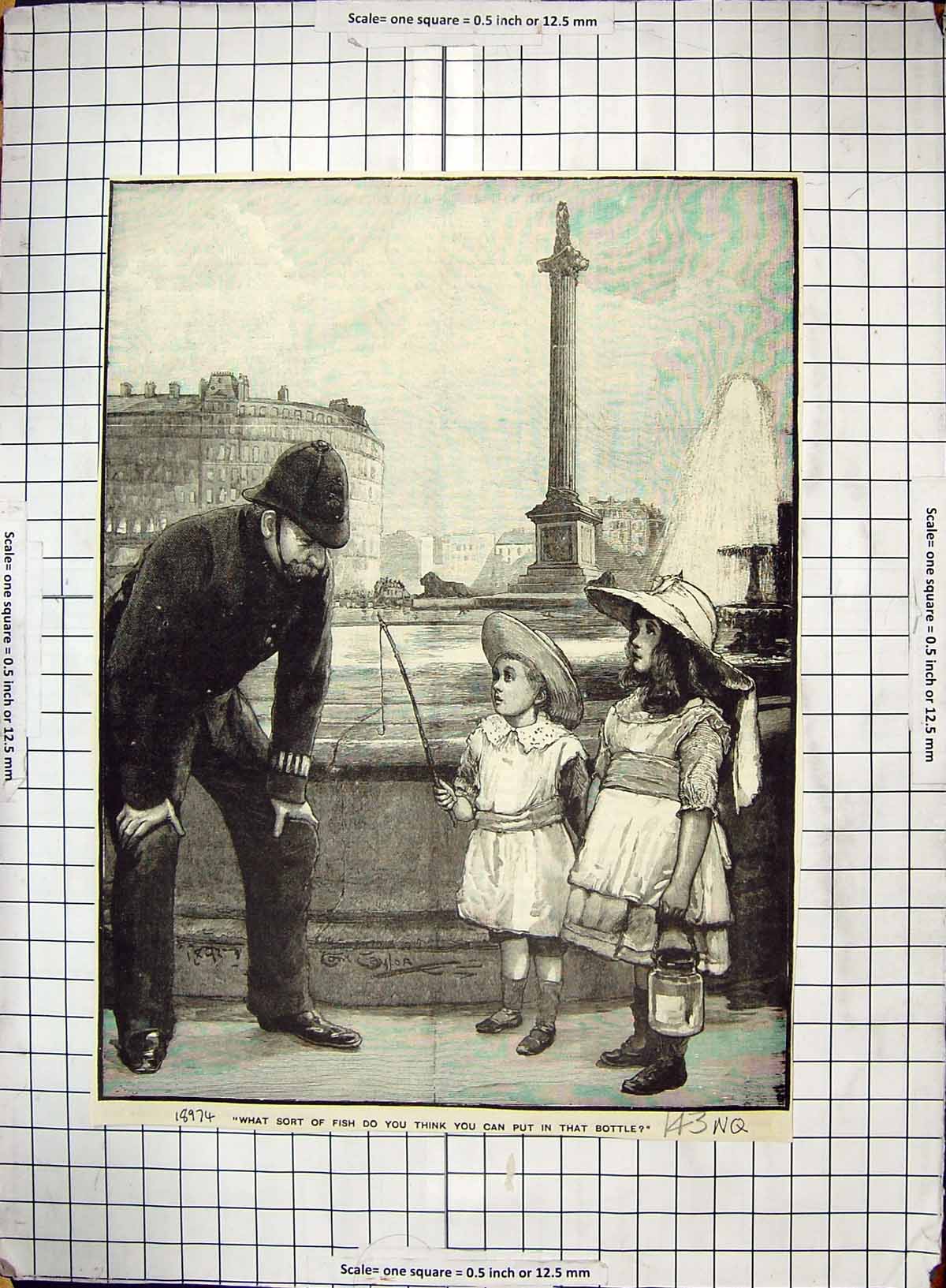 Antique Old Print London Trafalgar Square Young Children Fishing Policeman