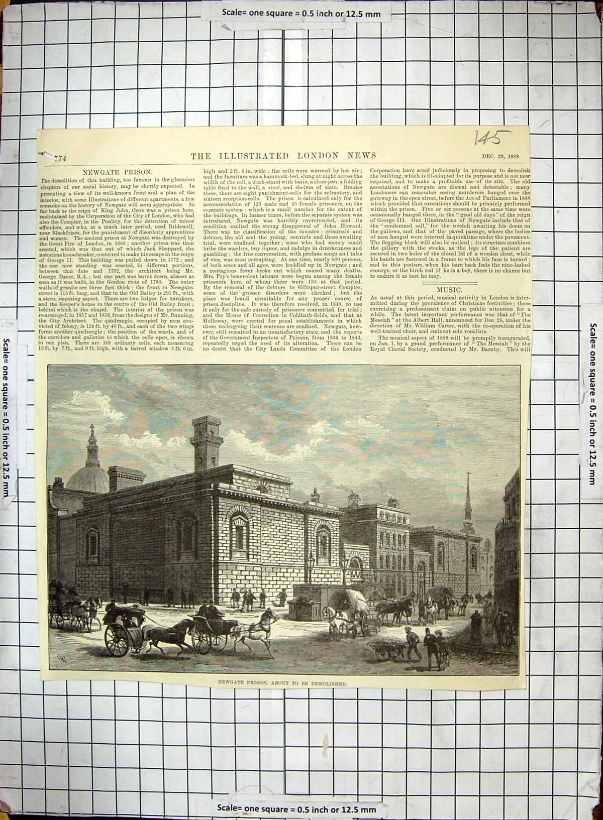Original Old Antique Print 1888 Exterior Newgate Prison Architecture Building