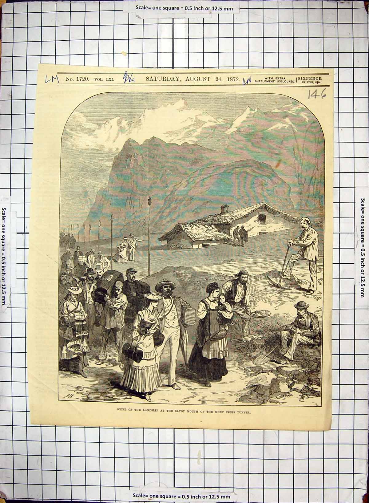 Antique Old Print 1872 Scene Landslip Savoy Mouth Mont Cenis Tunnel Mountains