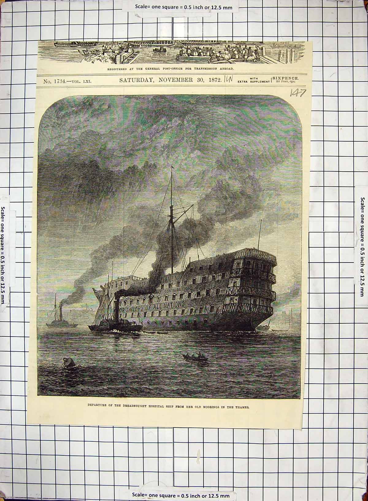 Antique Old Print 1872 Scene Departure Dreadnought Hospital Ship River Thames