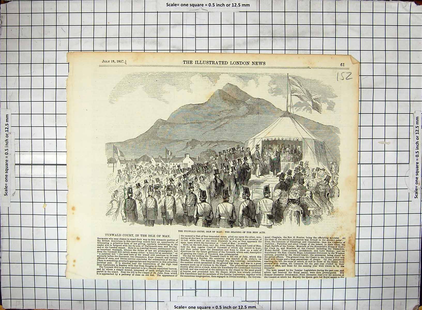 Original Old Antique Print 1857 Tynwald Court Isle Man Scene Reading Acts 19th
