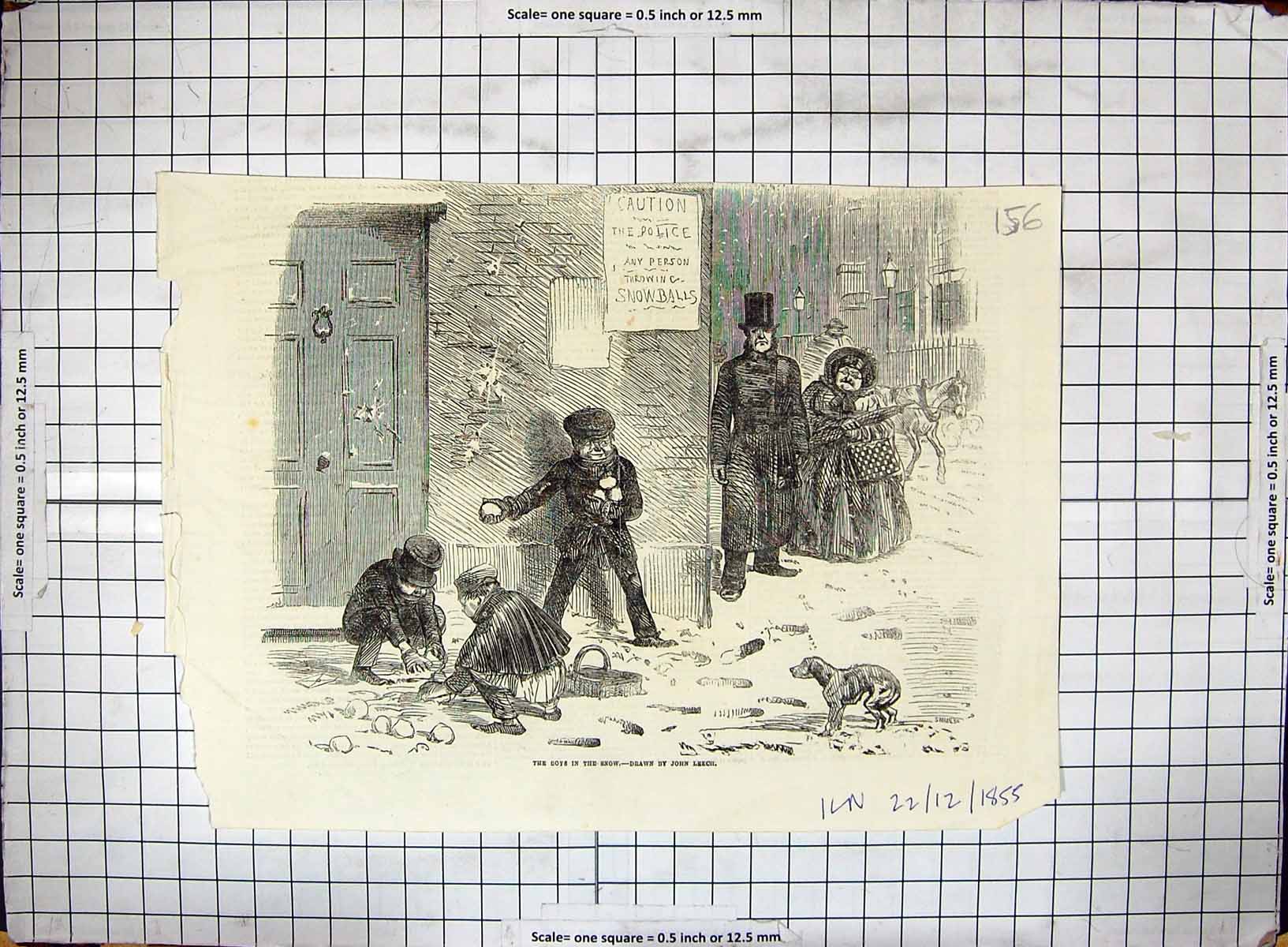 Antique Old Print 1855 Boys Playing Snow Winter Scene Police Man Snowballs 19th