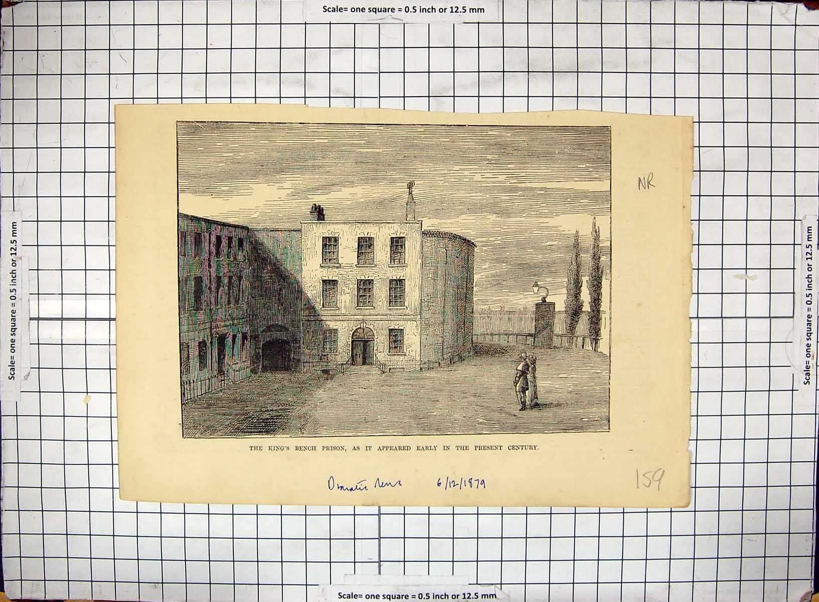 Original Old Antique Print 1879 King'S Bench Prison Exterior Architecture 19th