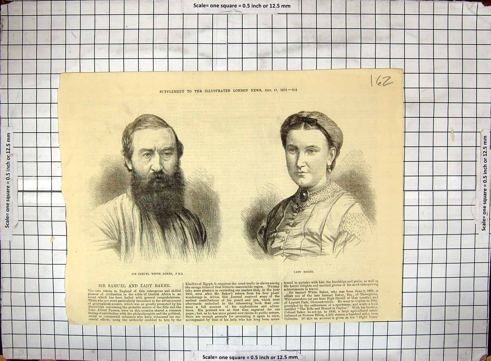 Antique Old Print 1873 Portrait Sir Samuel White Baker Lady Pioneer Africa 19th