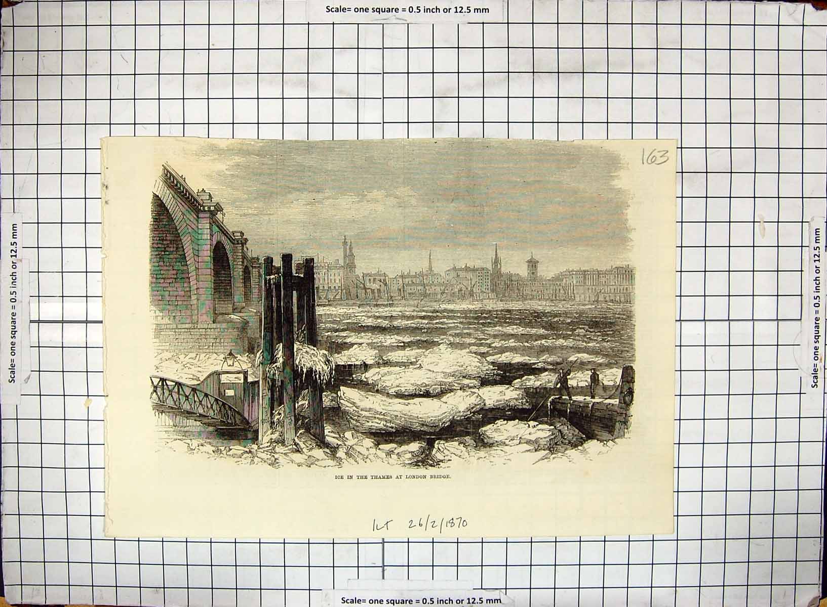 Original Old Antique Print 1870 Ice River Thames London Bridge Winter Scene