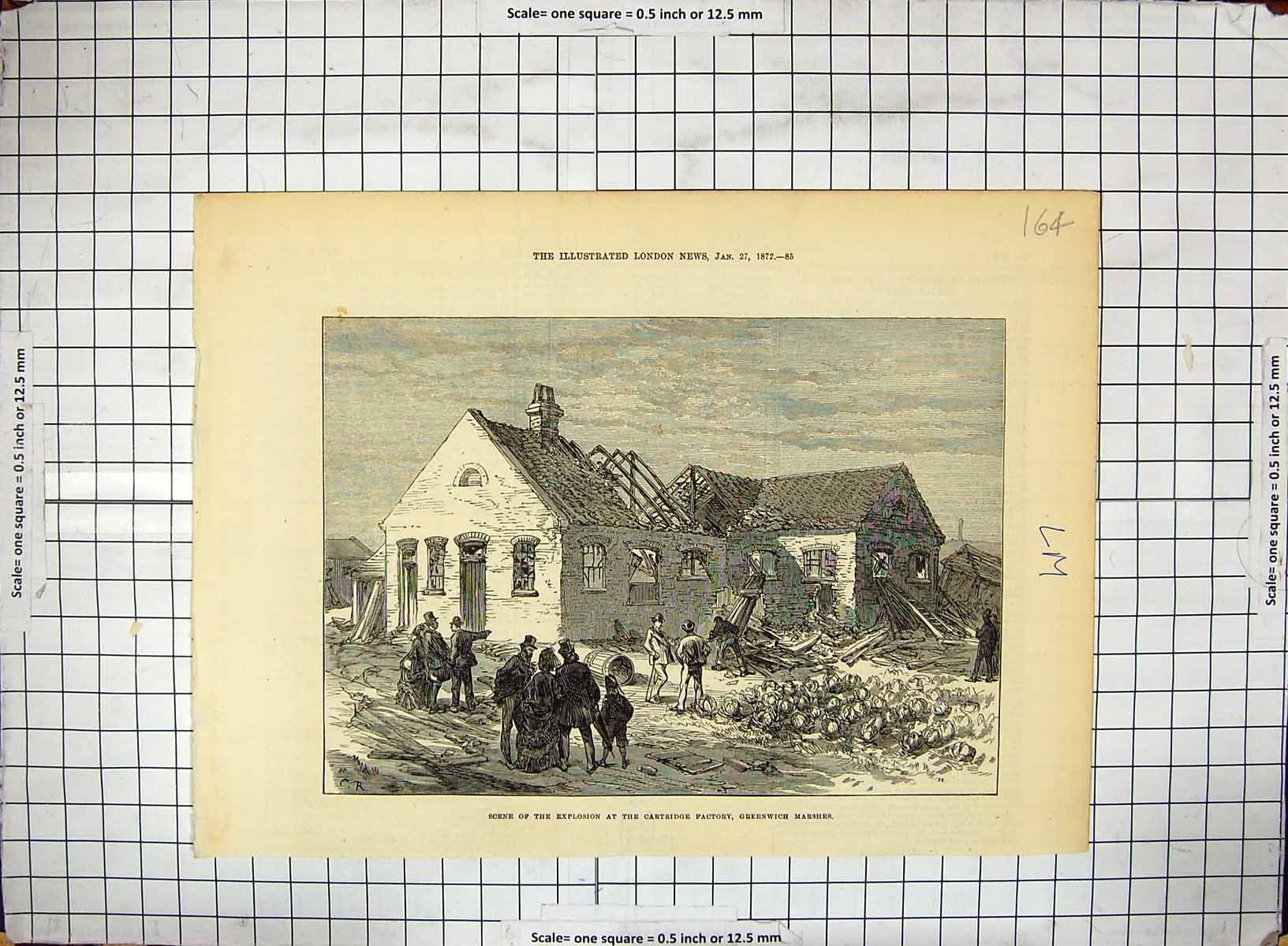 Antique Old Print 1872 Scene Explosion Cartridge Factory Greenwich Marshes 19th