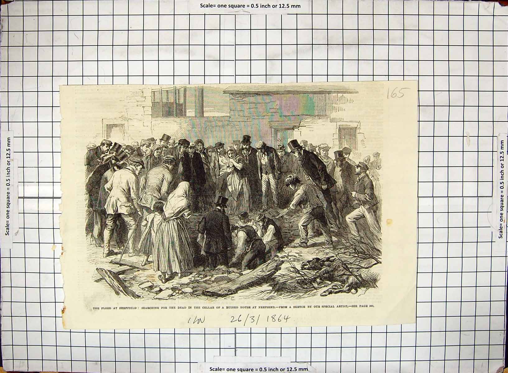 Antique Old Print 1864 Flood Sheffield Searching Dead Cellar Houses Neepsend