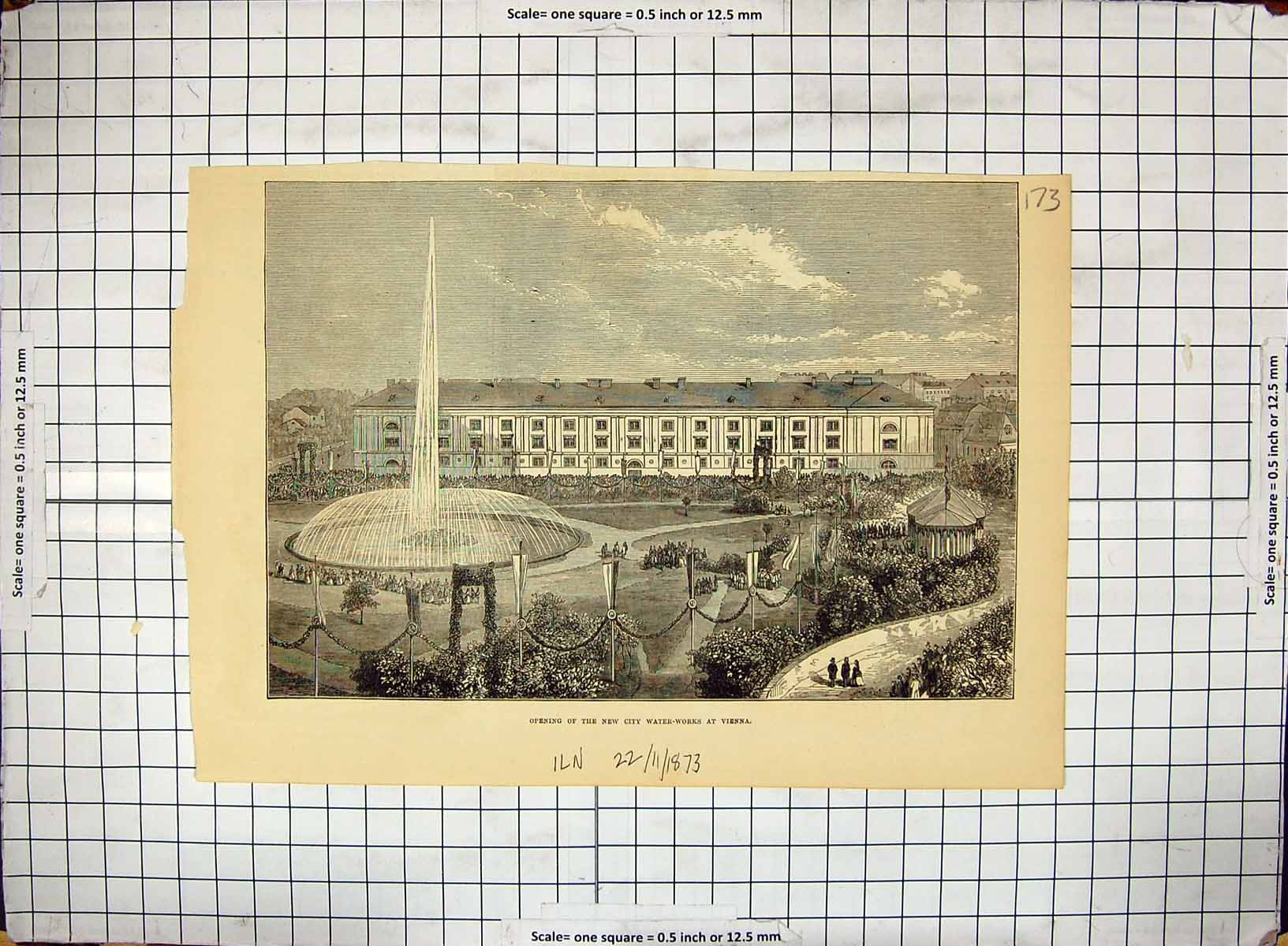 Old Antique Print 1873 Opening City Water Works Vienna Fountain Buildings 19th
