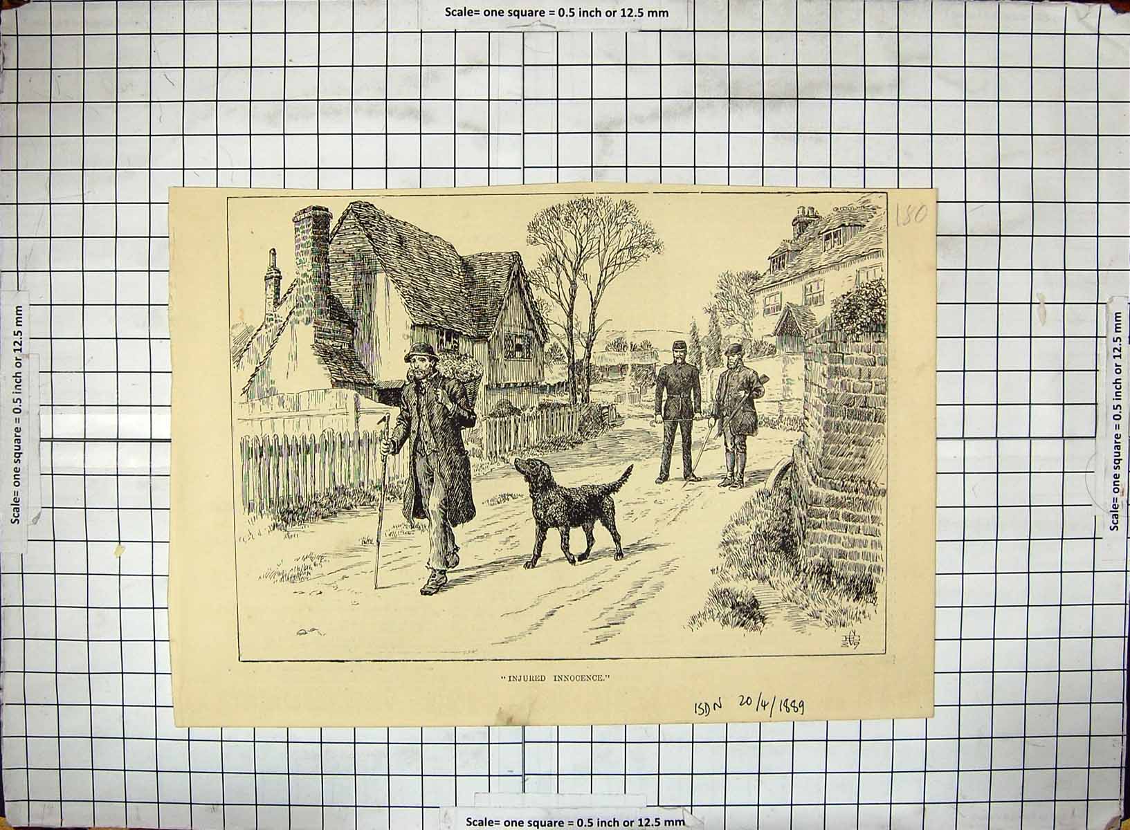 Antique Print 1889 Injured Innocence Hunting Dog Man Policeman Street Scene