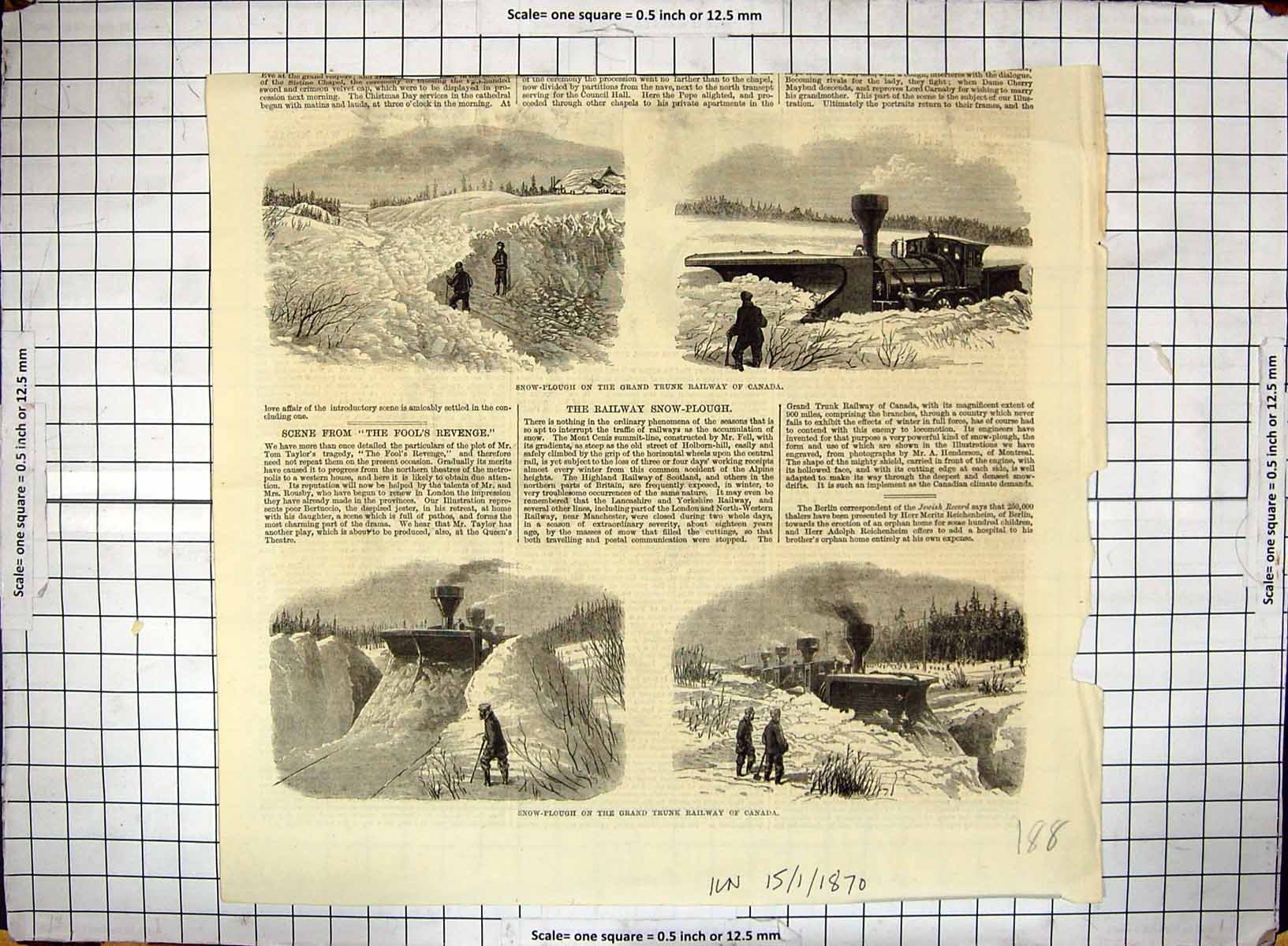 Antique Old Print 1870 Snow Plough Trunk Railway Canada Train Winter Scene 19th