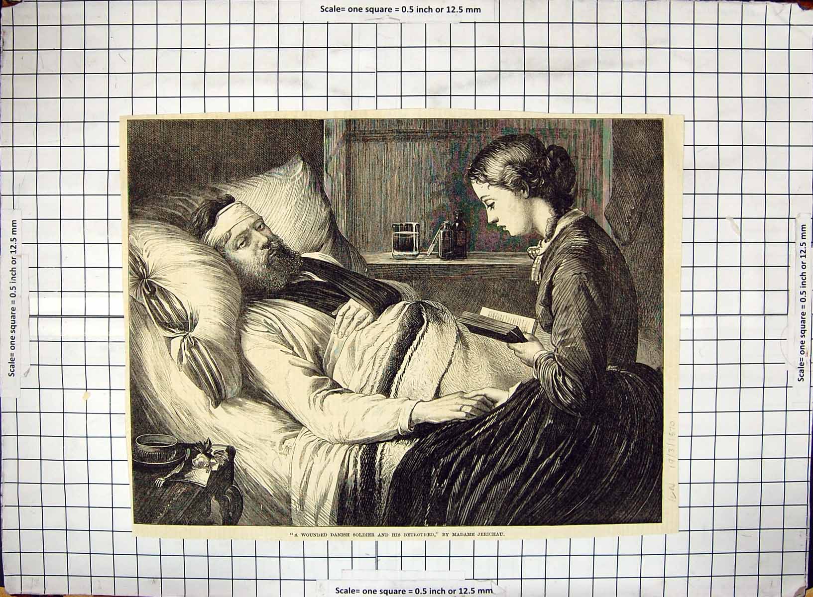 Antique Old Print 1870 Wounded Danish War Sier Betrothed Lady Reading Book 19th