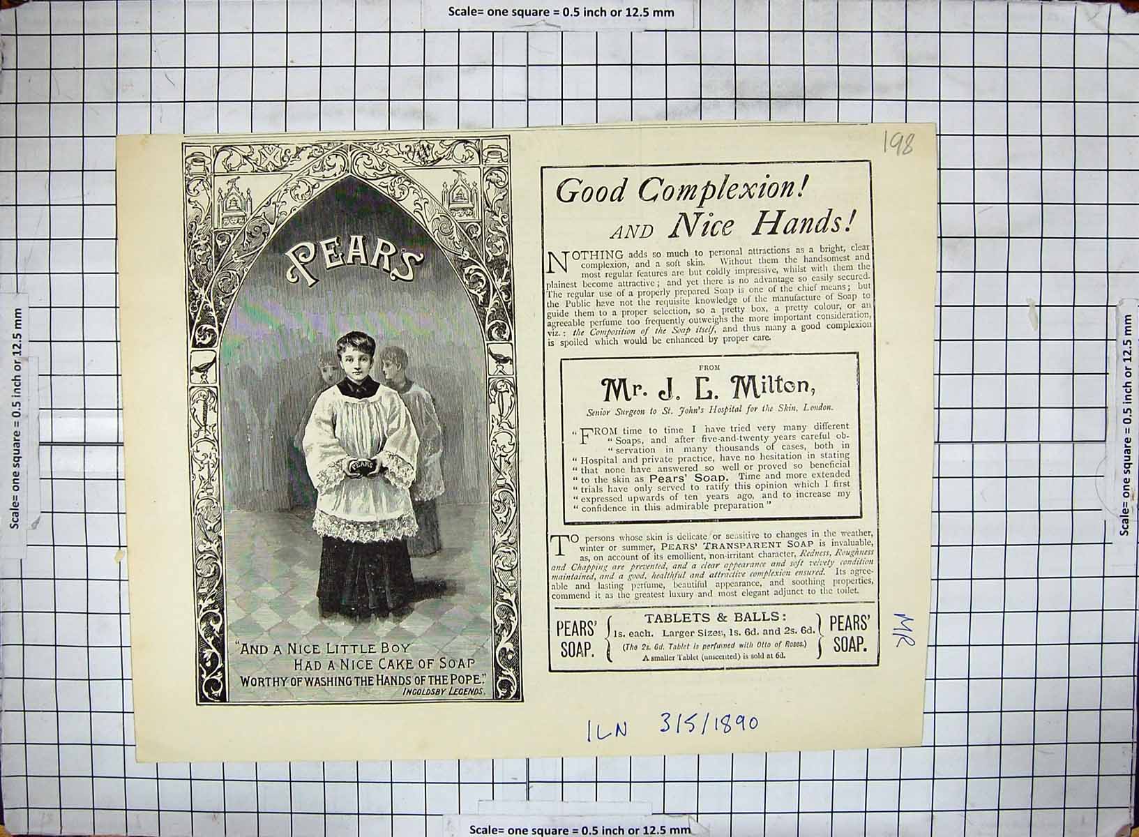 Antique Print 1890 Advertisement Pears Soap Milton Senior Surgeon Hospital 19th