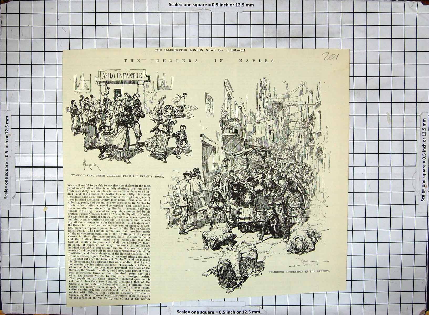 Antique Old Print 1884 Cholera Naples Italy Religious Procession Street Scene
