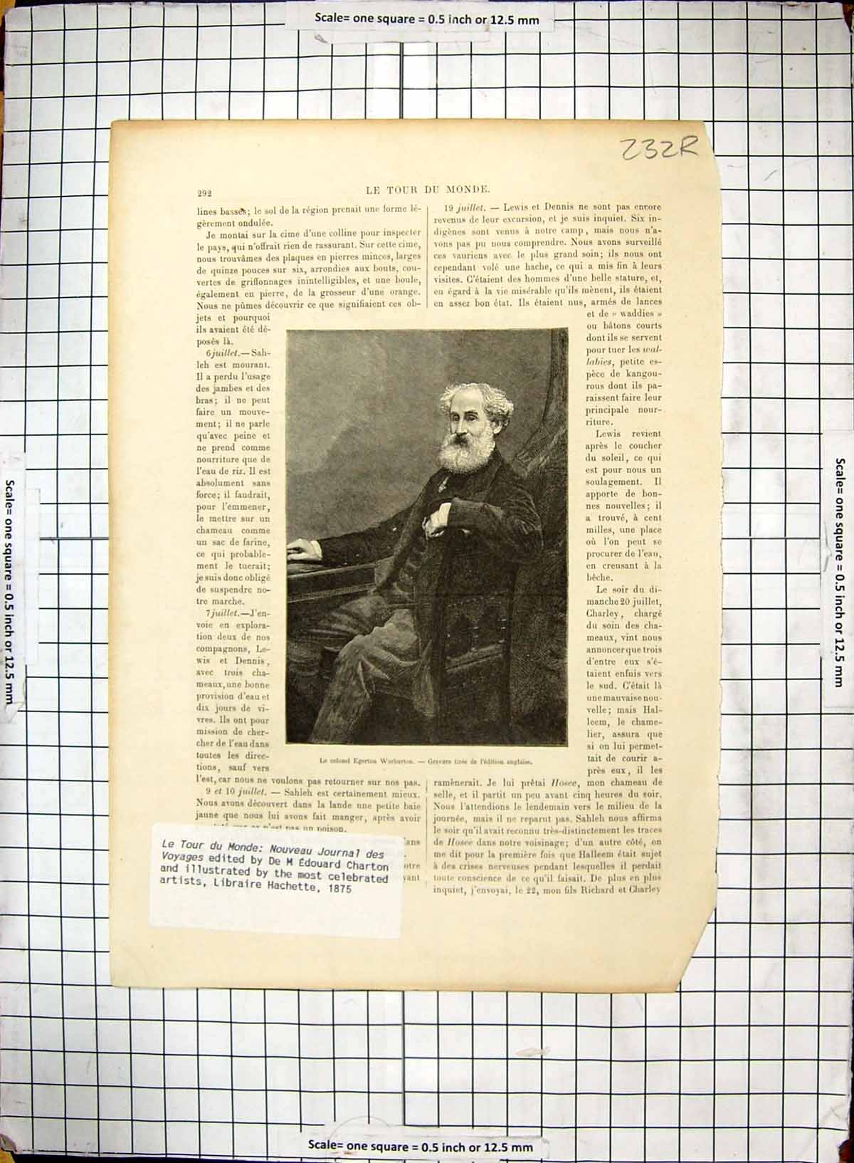 Original Old Antique Print Map Australia Portrait Egerton Warburton Perth