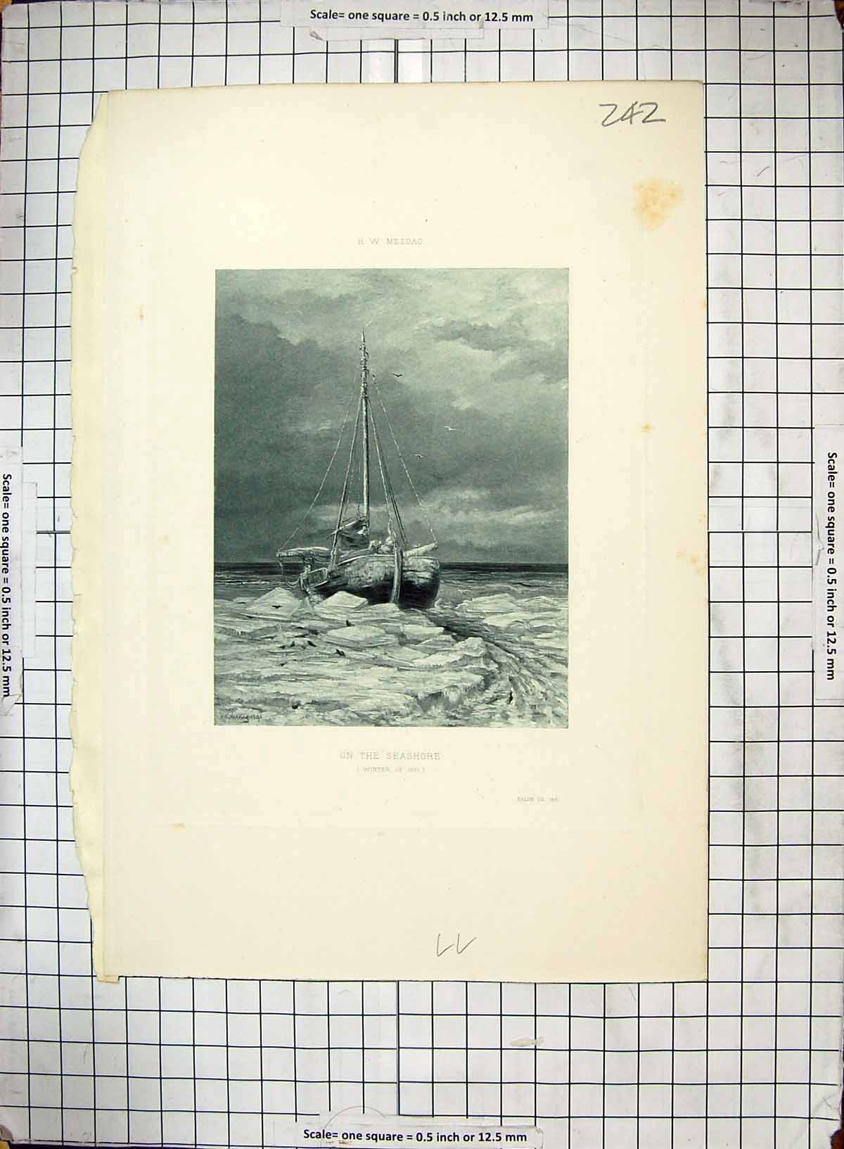 Original Old Antique Print Winter Scene 1891 Seashore Ice Boat Engraving 19th