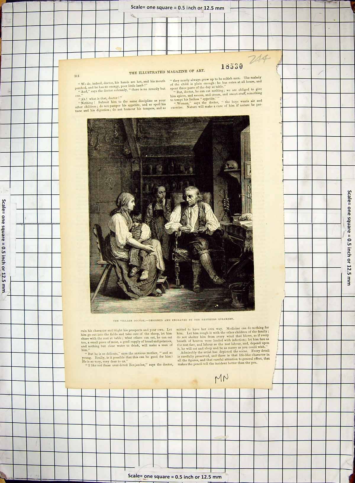 Original Old Antique Print Village Doctor Family Children Engraving Girardet