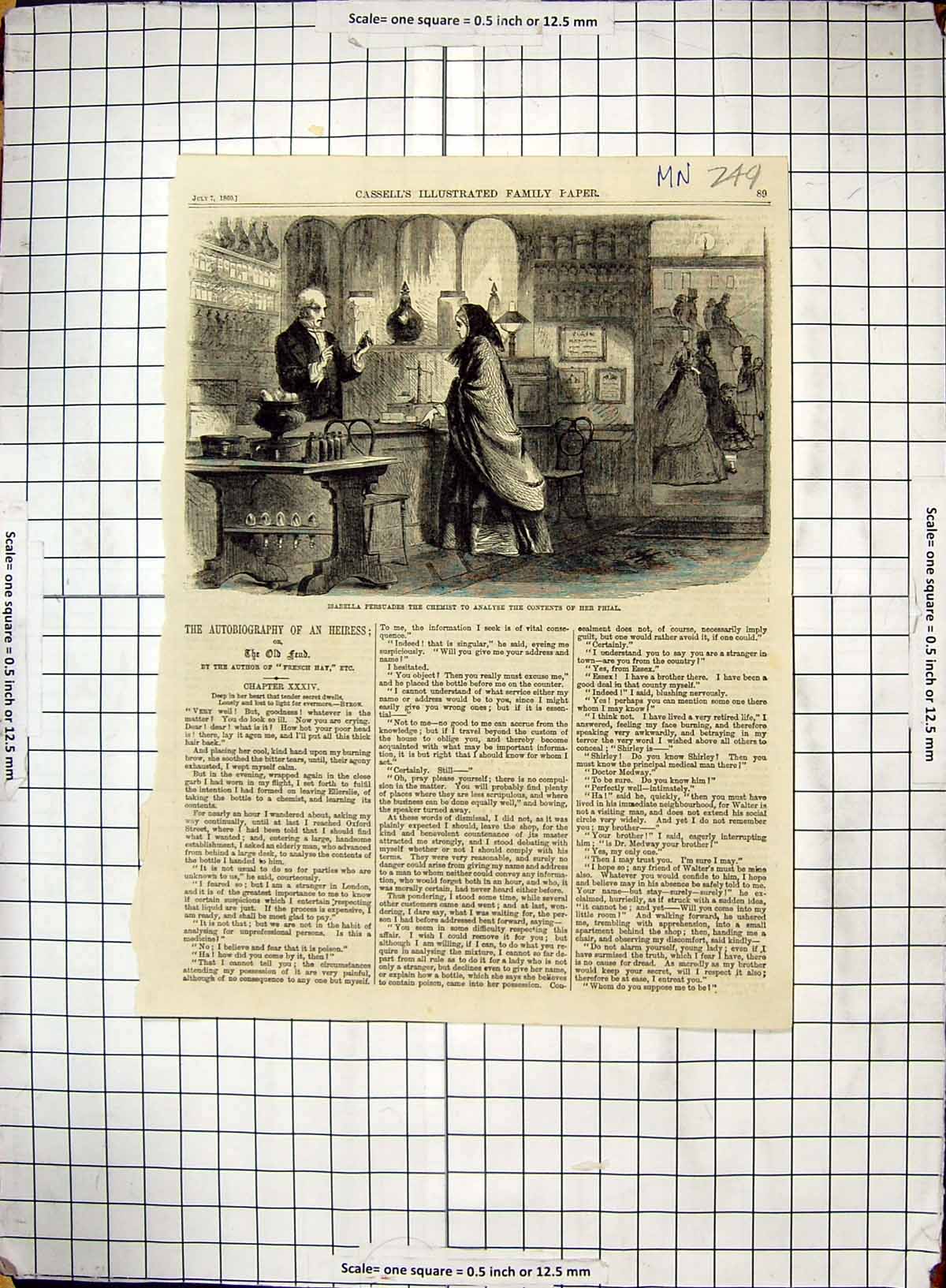Old Antique Print Scene Isabella Persuades Chemist Analyse Contents Phial