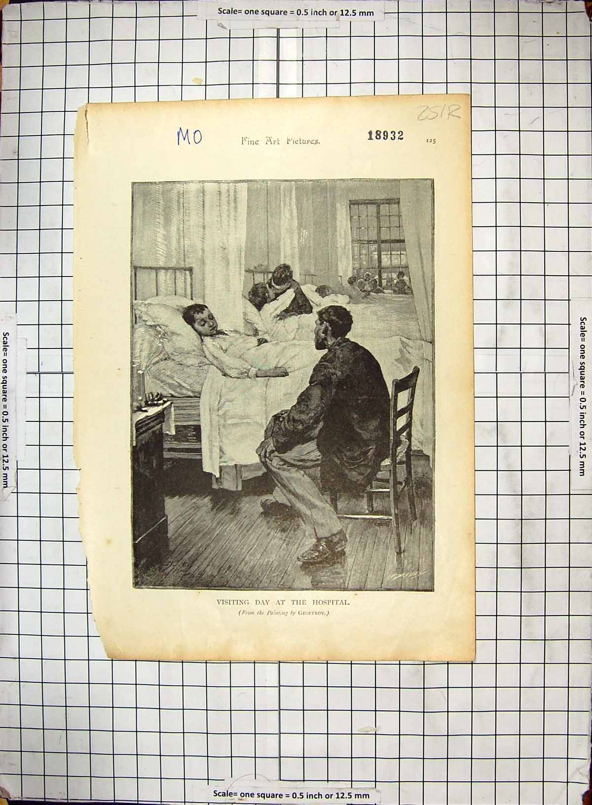 Antique Old Print Young Girl Family Home Prize Hospital Ward Scene Visitors