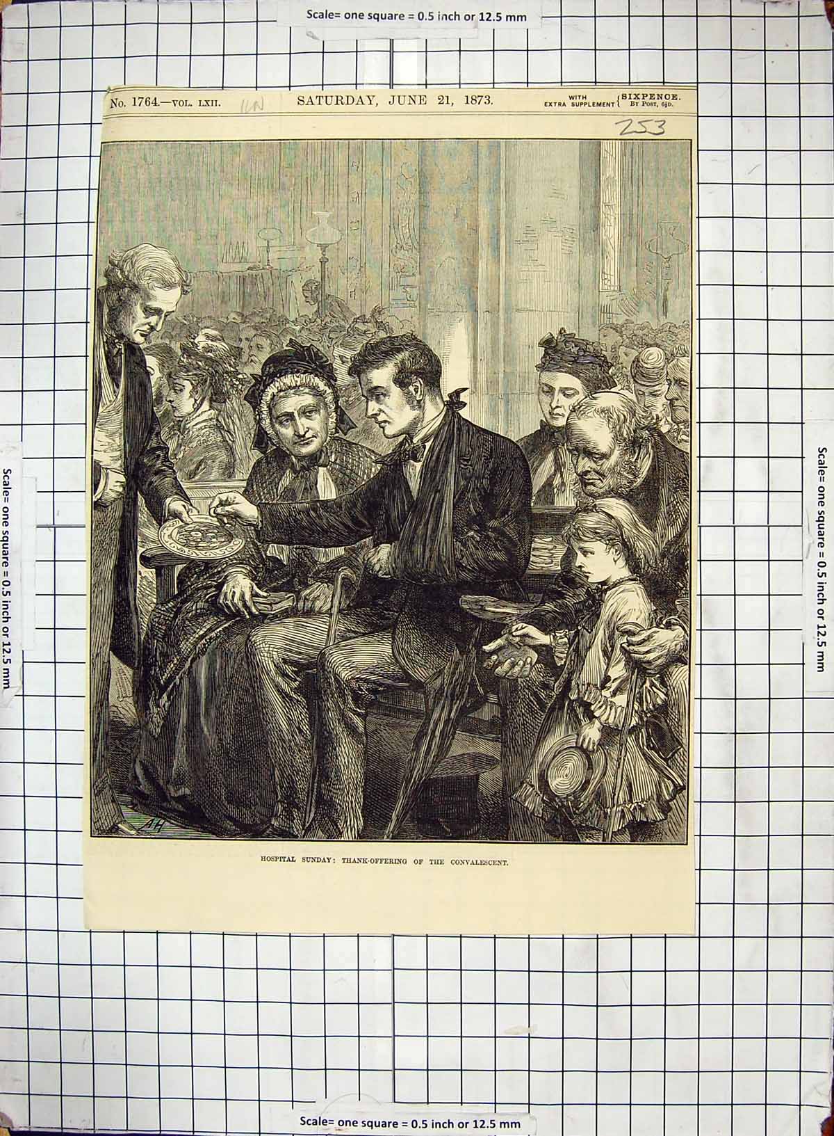 Antique Old Print Hospital Sunday Thank-Offering Convalescent Church Service