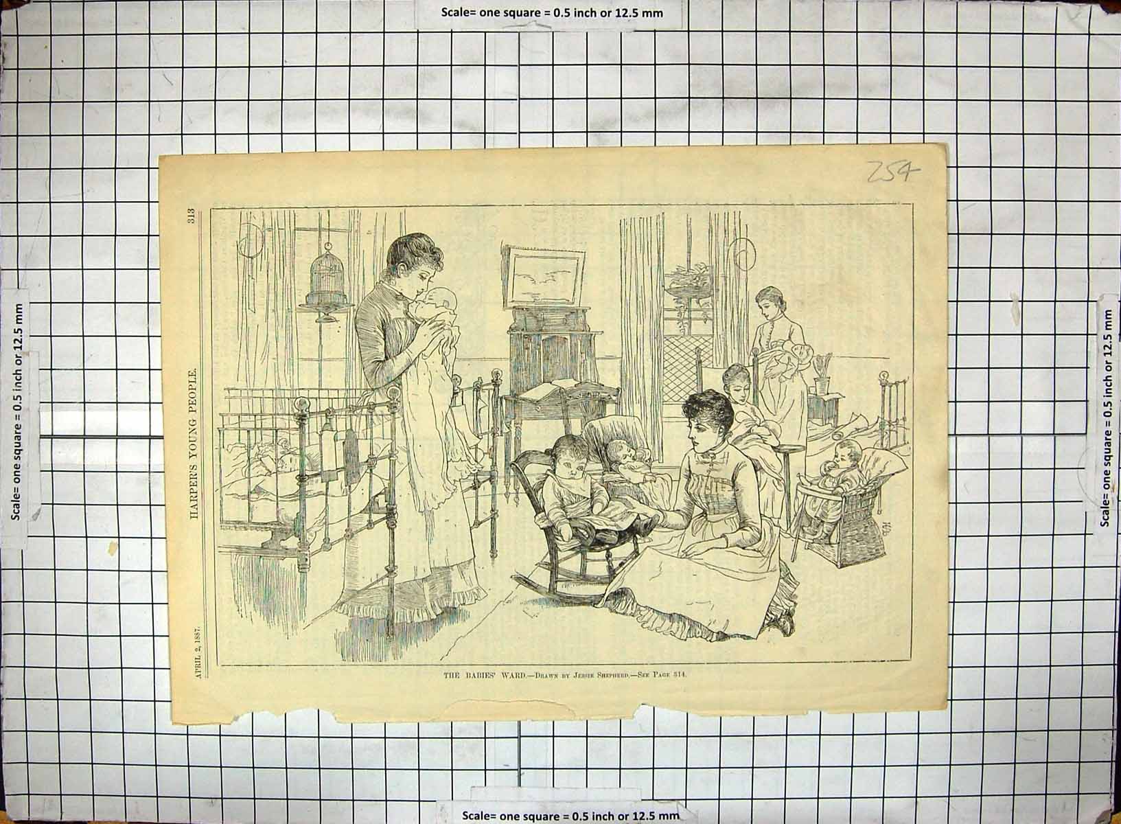Original Old Antique Print 1887 Children Babies Ward Nurses Cot Beds Nursery