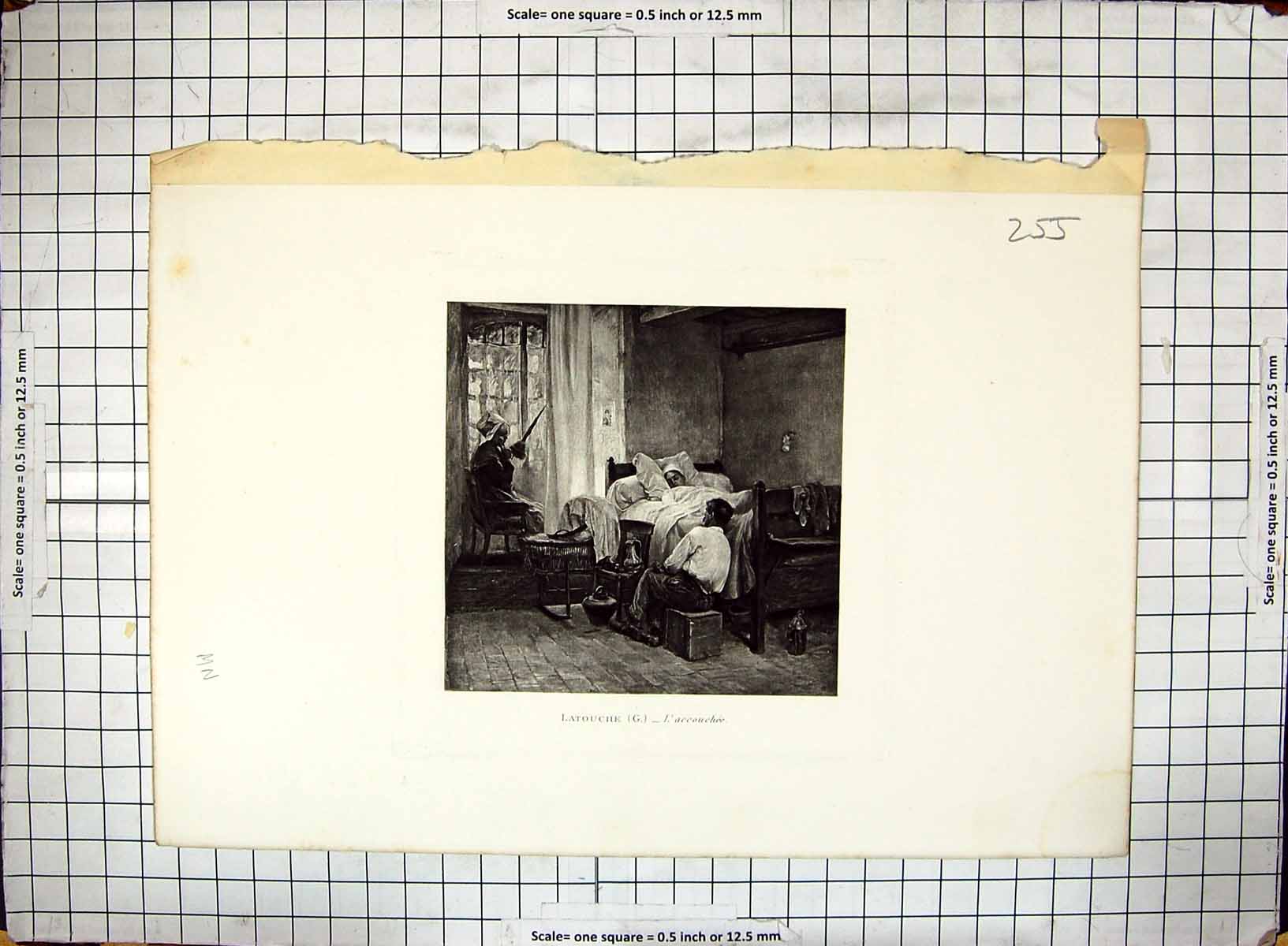 Original Old Antique Print Sick Bed Scene Bedroom Latouche