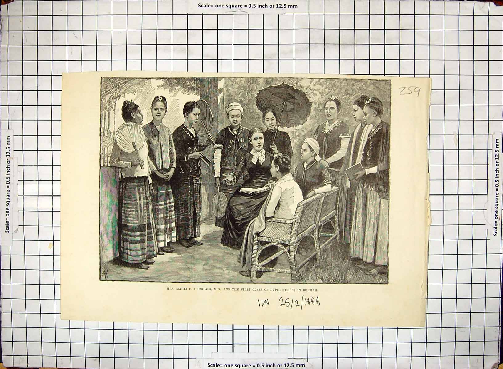 Antique Old Print 1888 Mrs Maria Douglass M.D. Physician Pupil Nurses Burmah