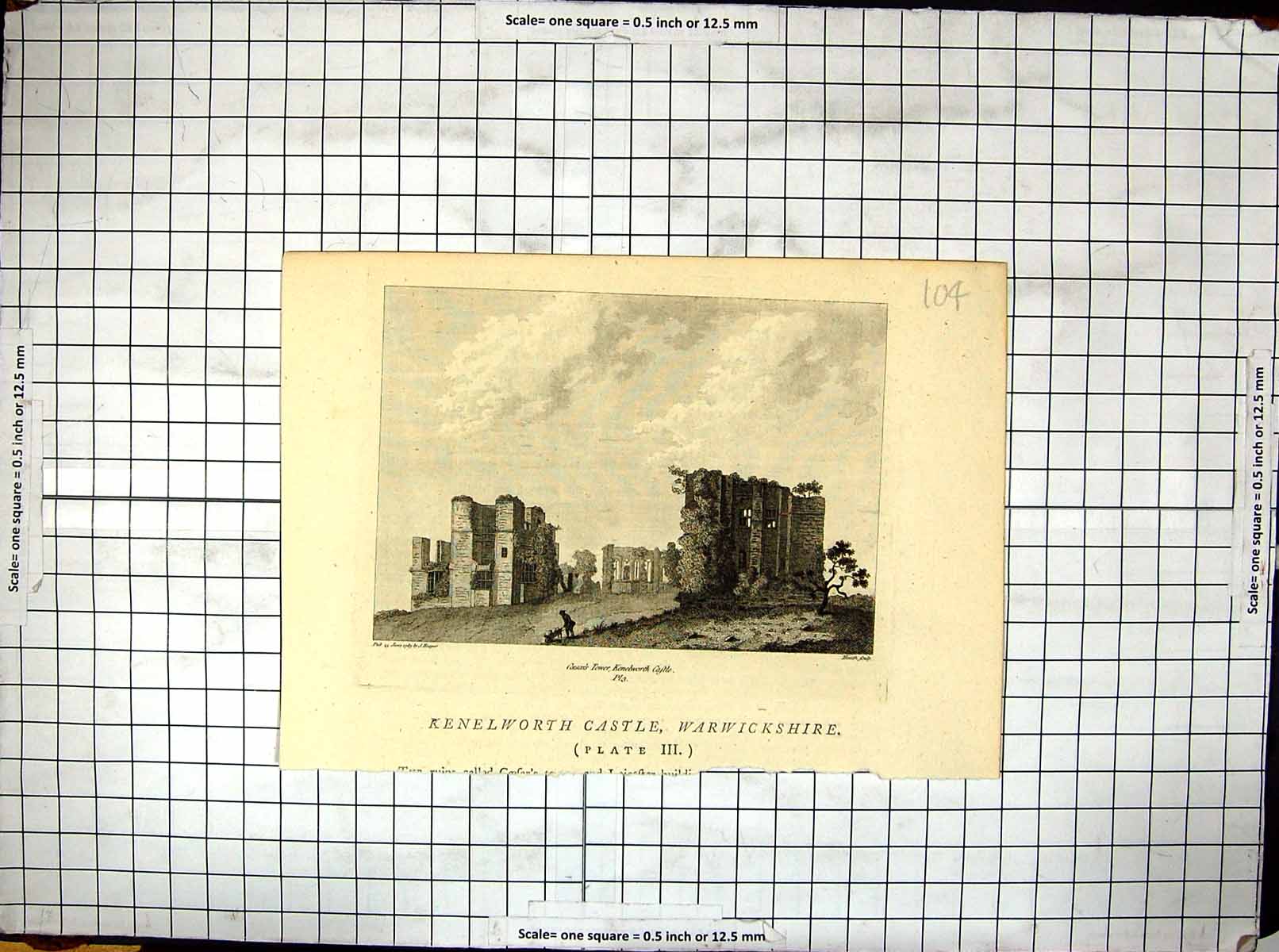 Old Engraving 783 Caesar'S Tower Kenelworth Castle Ruins Hooper Heath