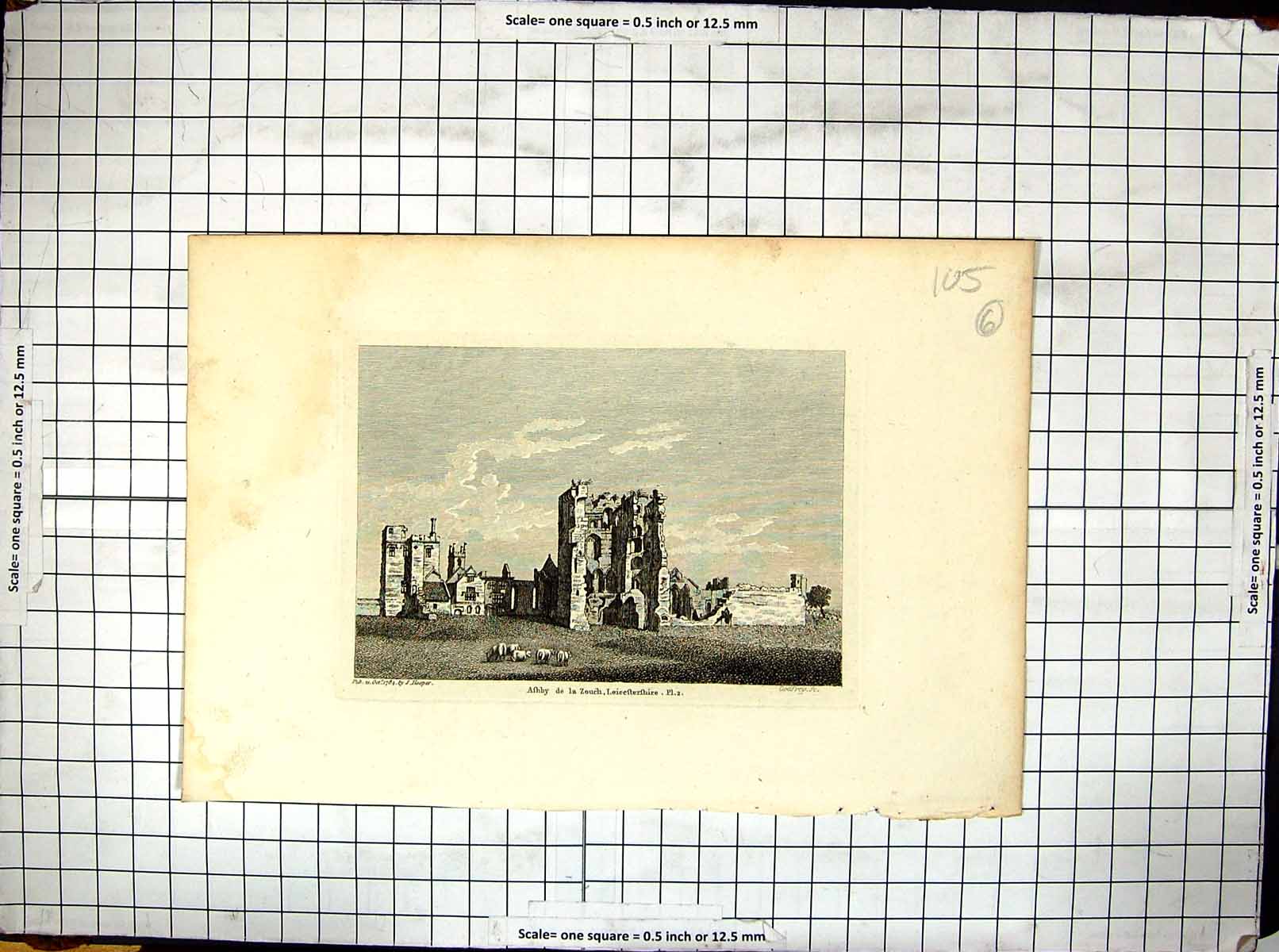 Old Print Hooper Engraving 1784 Ashby Zouch Leicestershire England Ruins 18th