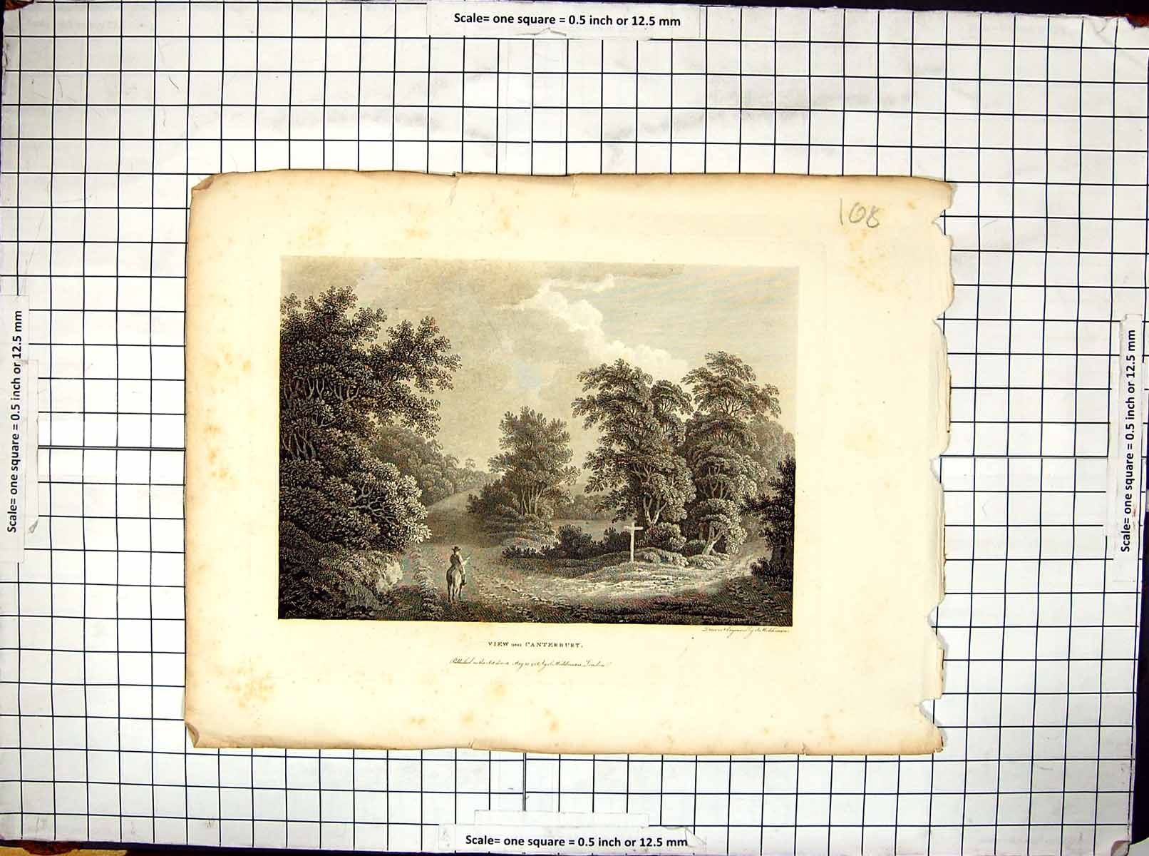 Antique Old Print Engraving View Canterbury England Forest Trees Man Horse