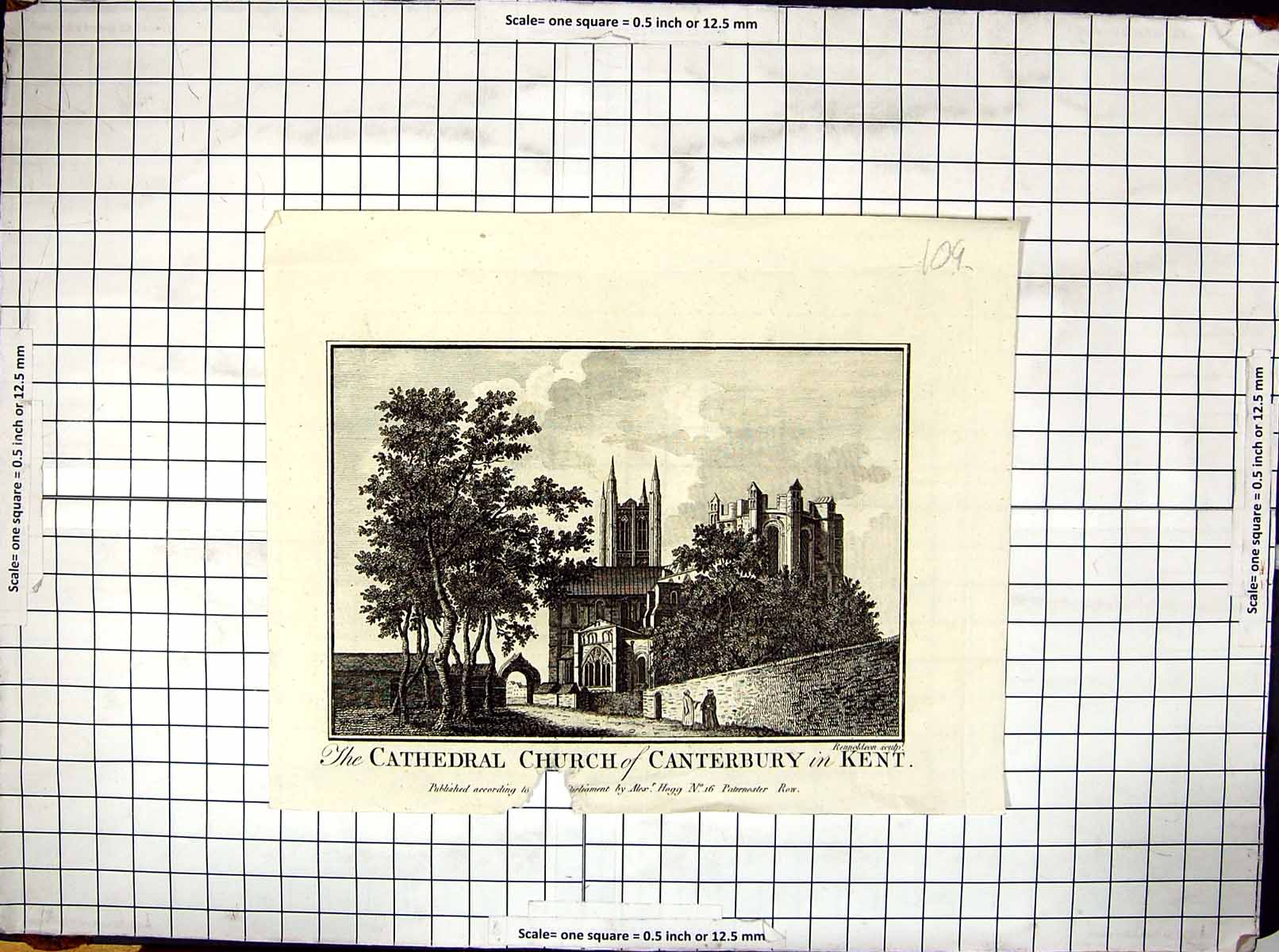 Old Print Engraving Cathedral Church Canterbury Kent England Architecture