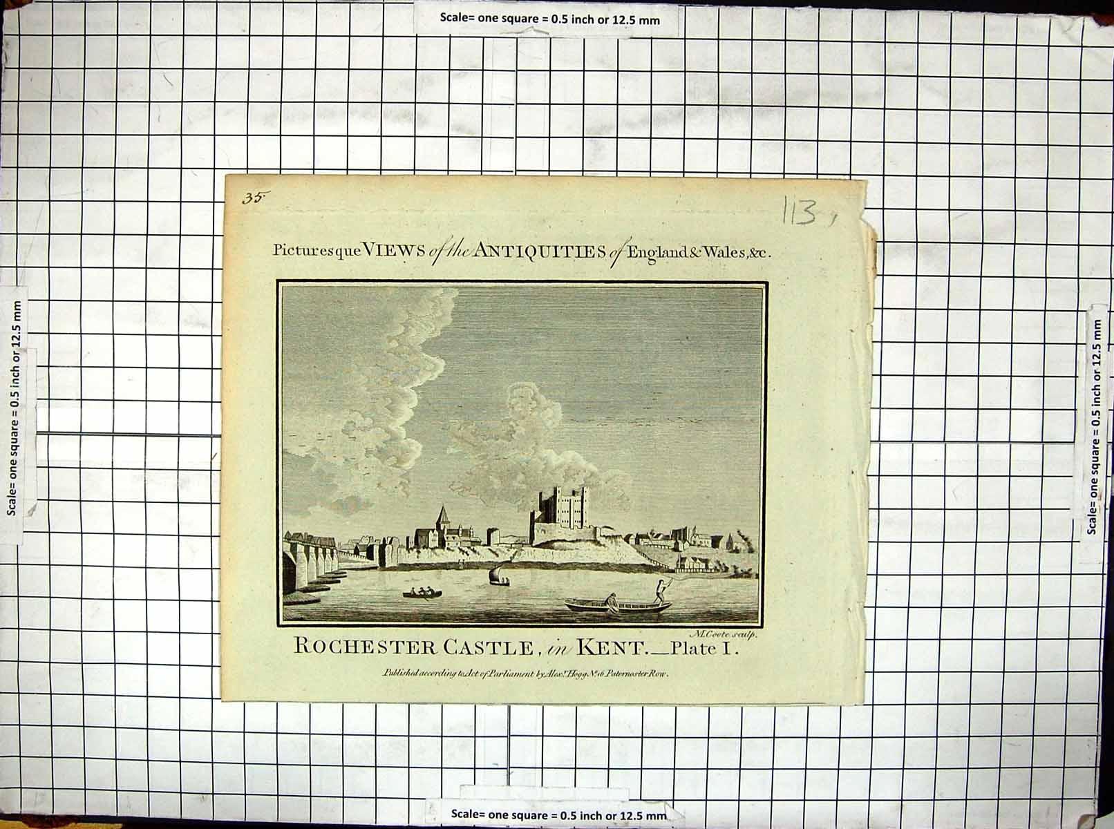 Old Print Engraving Rochester Castle Kent Antiquities England Hogg Coote