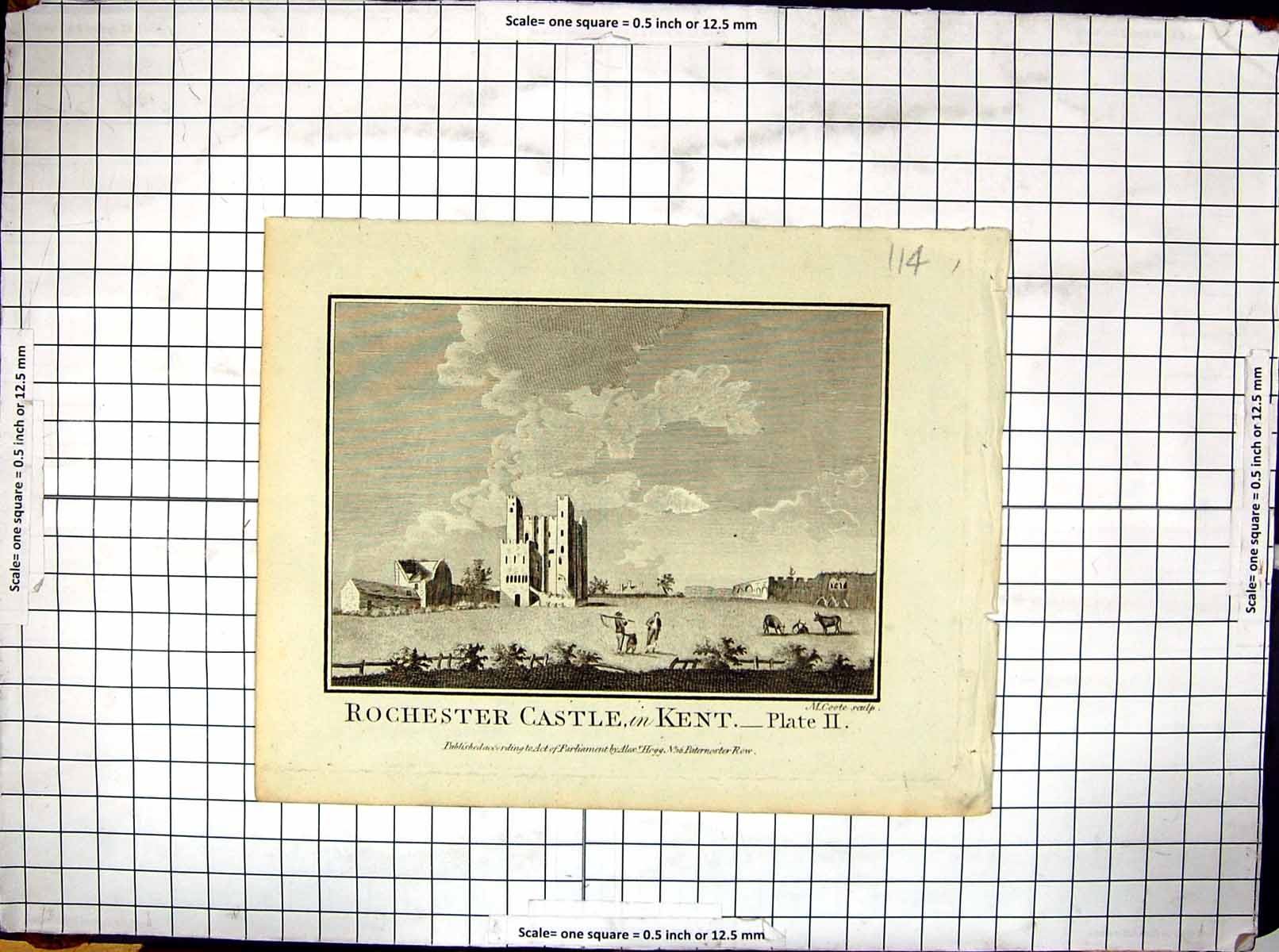 Old Print Engraving Architecture Rochester Castle Kent Hogg Coote England