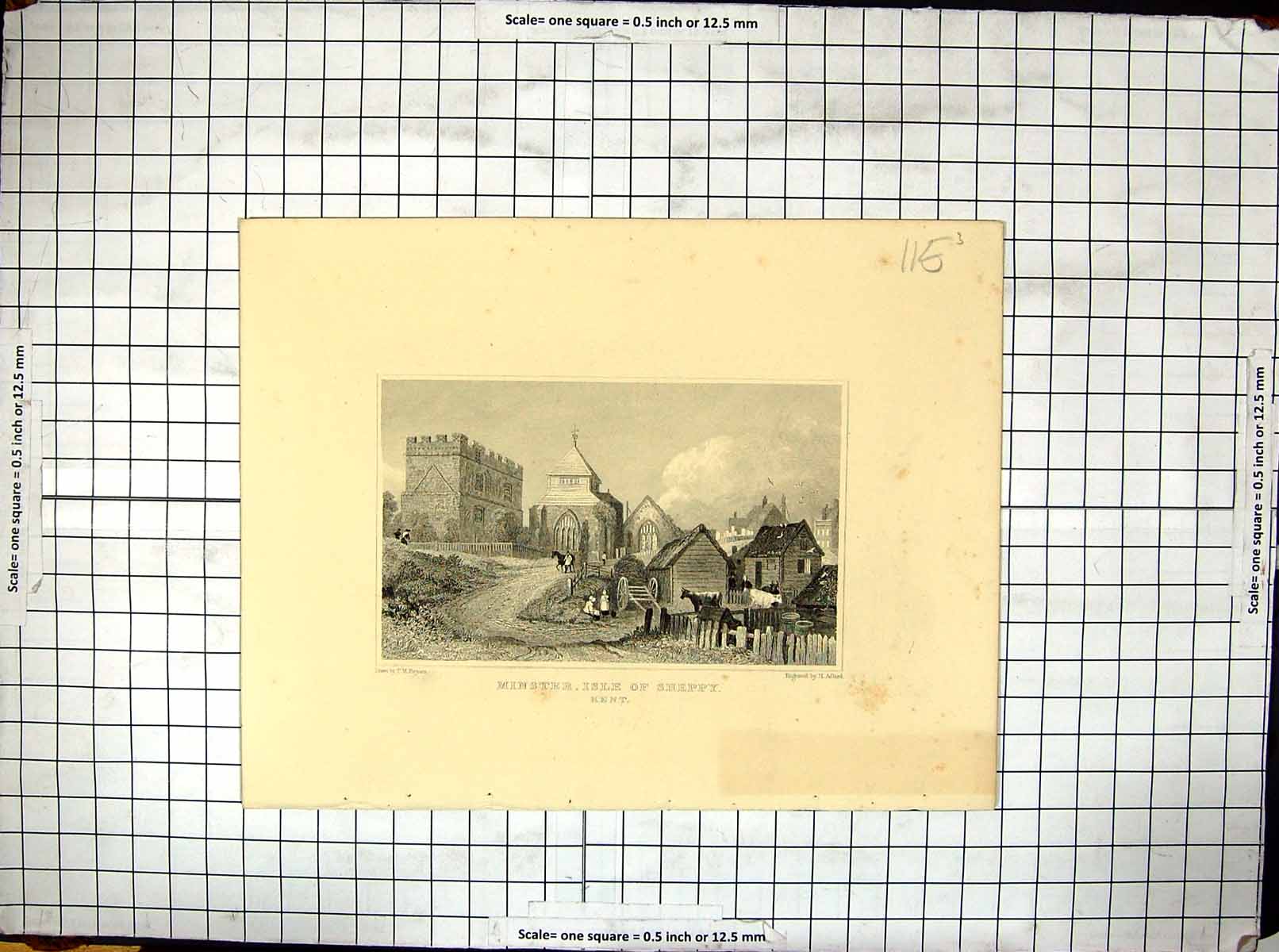 Antique Print Engraving Baynes Adlard View Minster Isle Sheppy Kent England