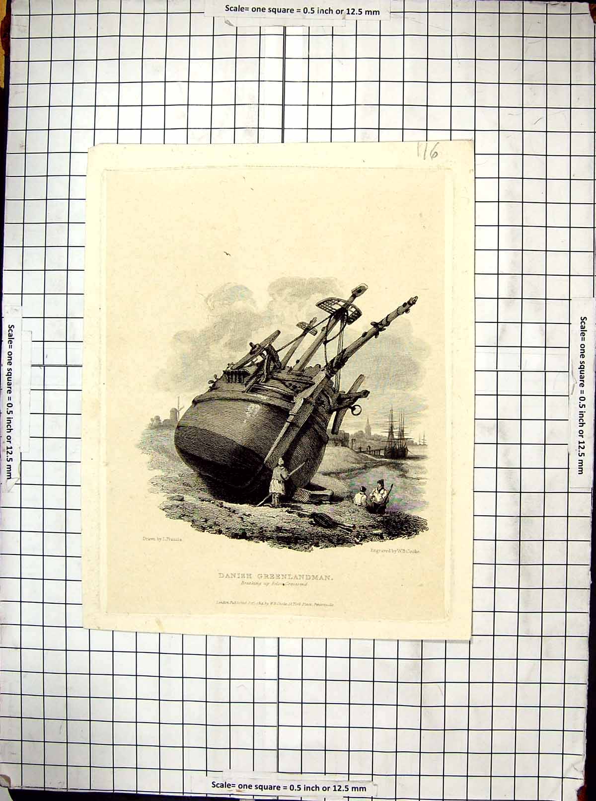 Old Cooke Francia Engraving 1812 Danish Greenlandman Ship Gravesend B 19th