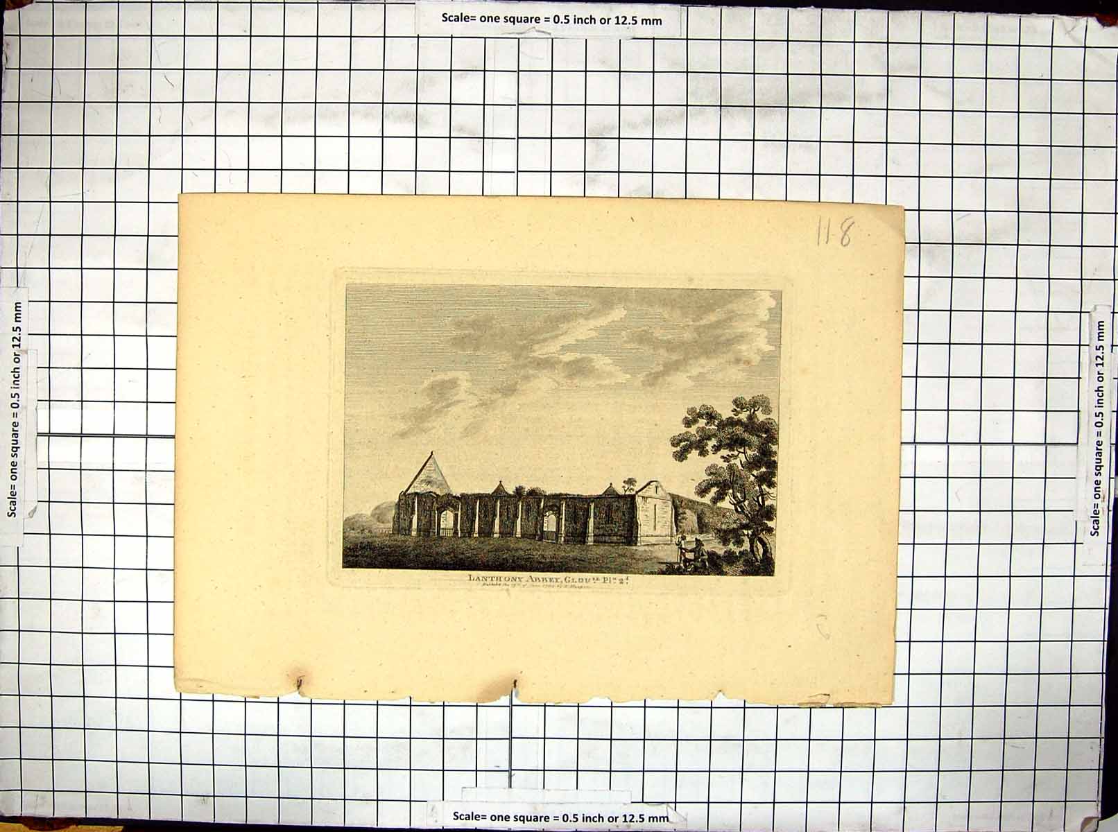Antique Old Print Engraving 780 Lanthony Abbey Gloucestershire England Ruins