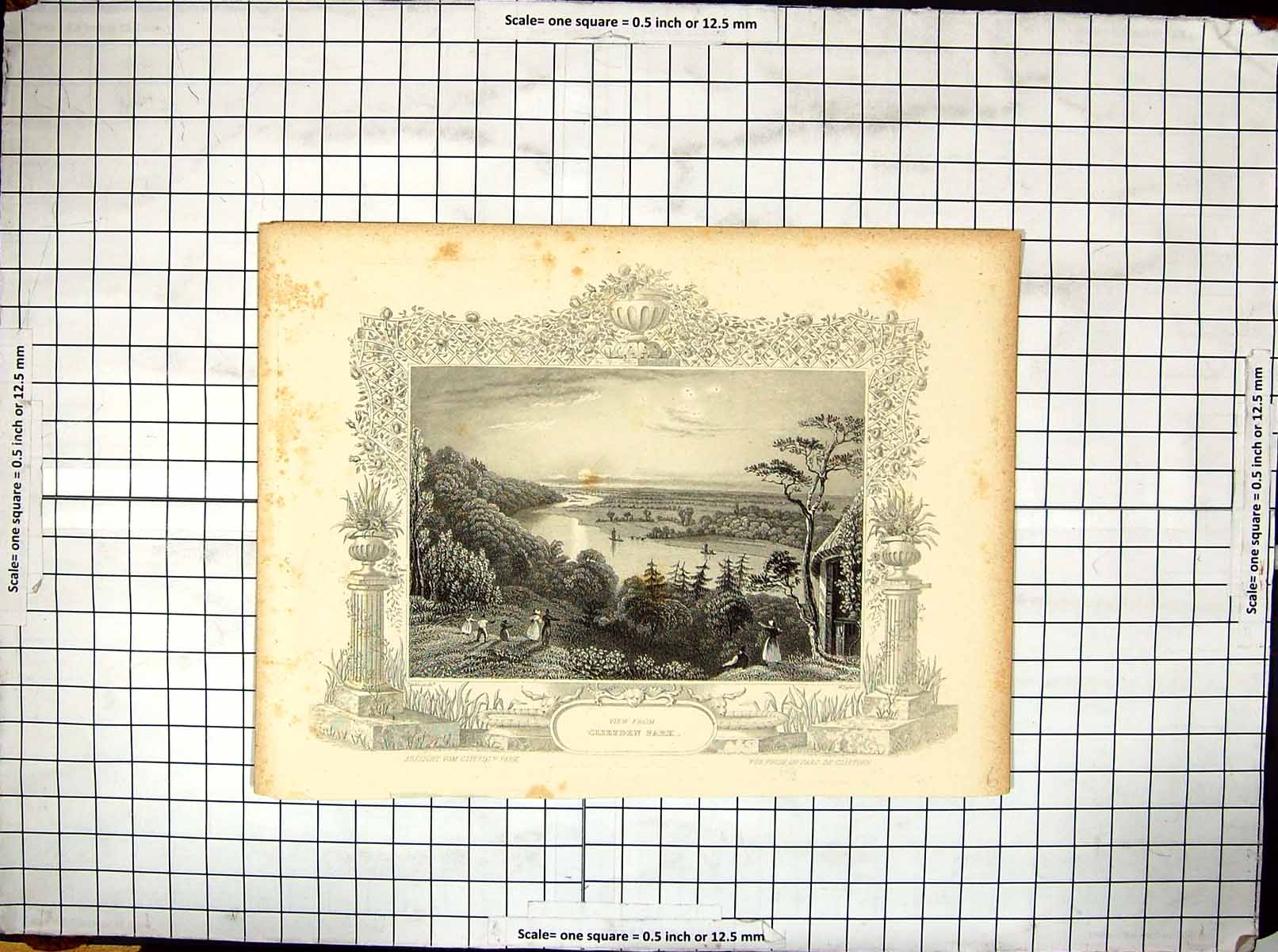 Antique Old Print Engraving View Cliefden Park River Sunrise Taylor Tombleson