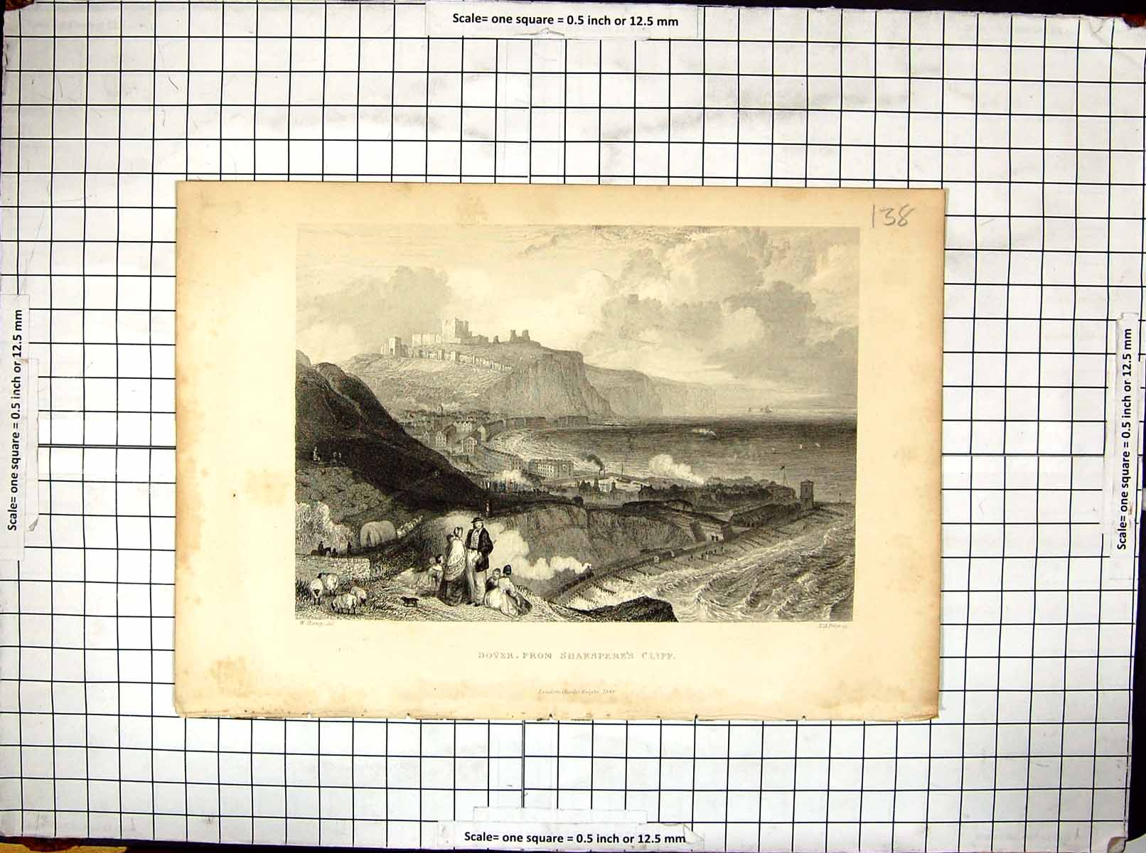 Antique Print Engraving View Dover Shakspere Cliff Sheep 1848 Prior Harvey 19th