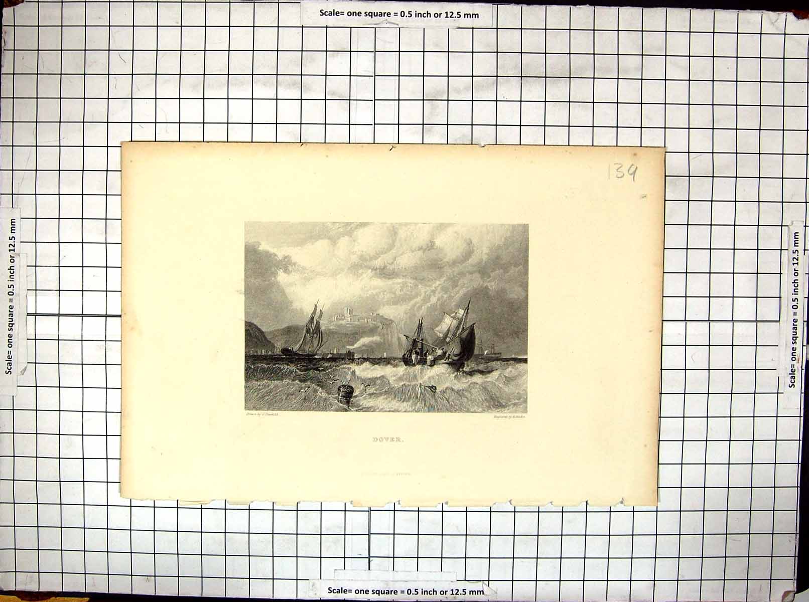 Old Antique Print Engraving View Dover Stormy Sea Boats Stanfield Finden