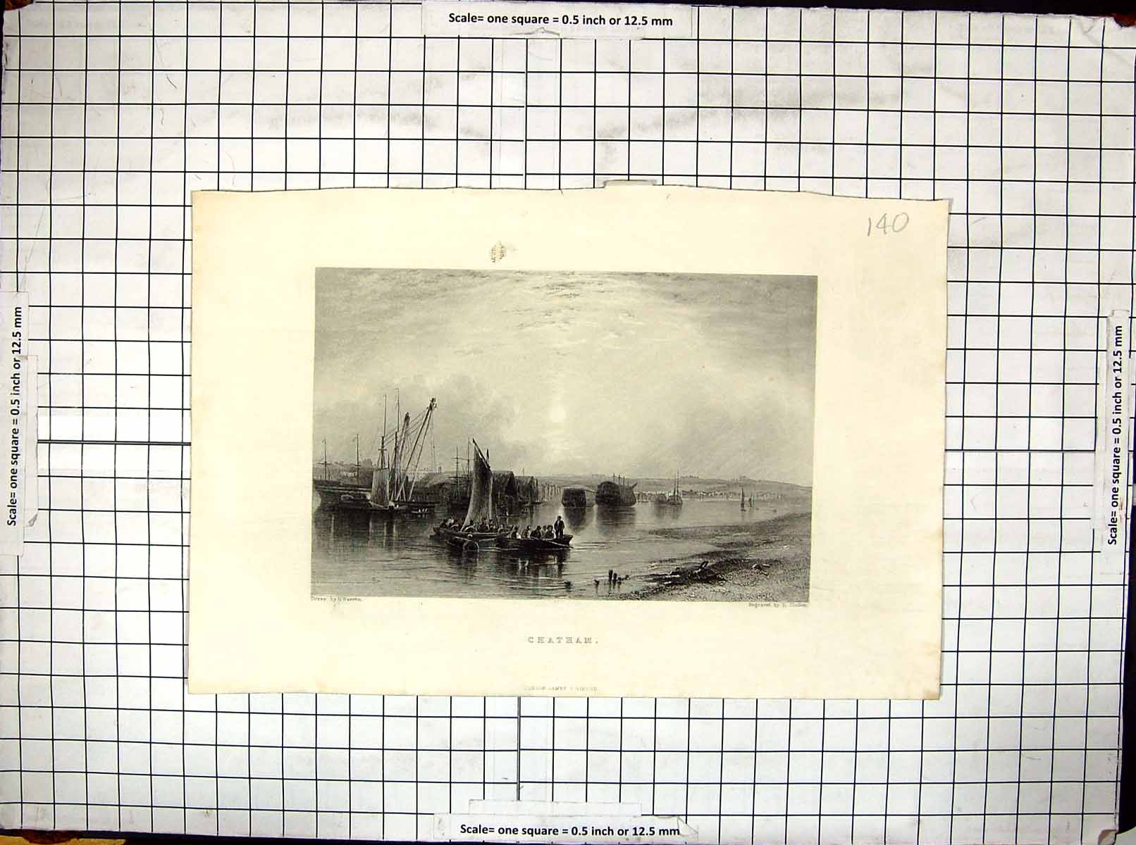 Original Old Antique Print Engraving View Chatham England Boats Warren Finden