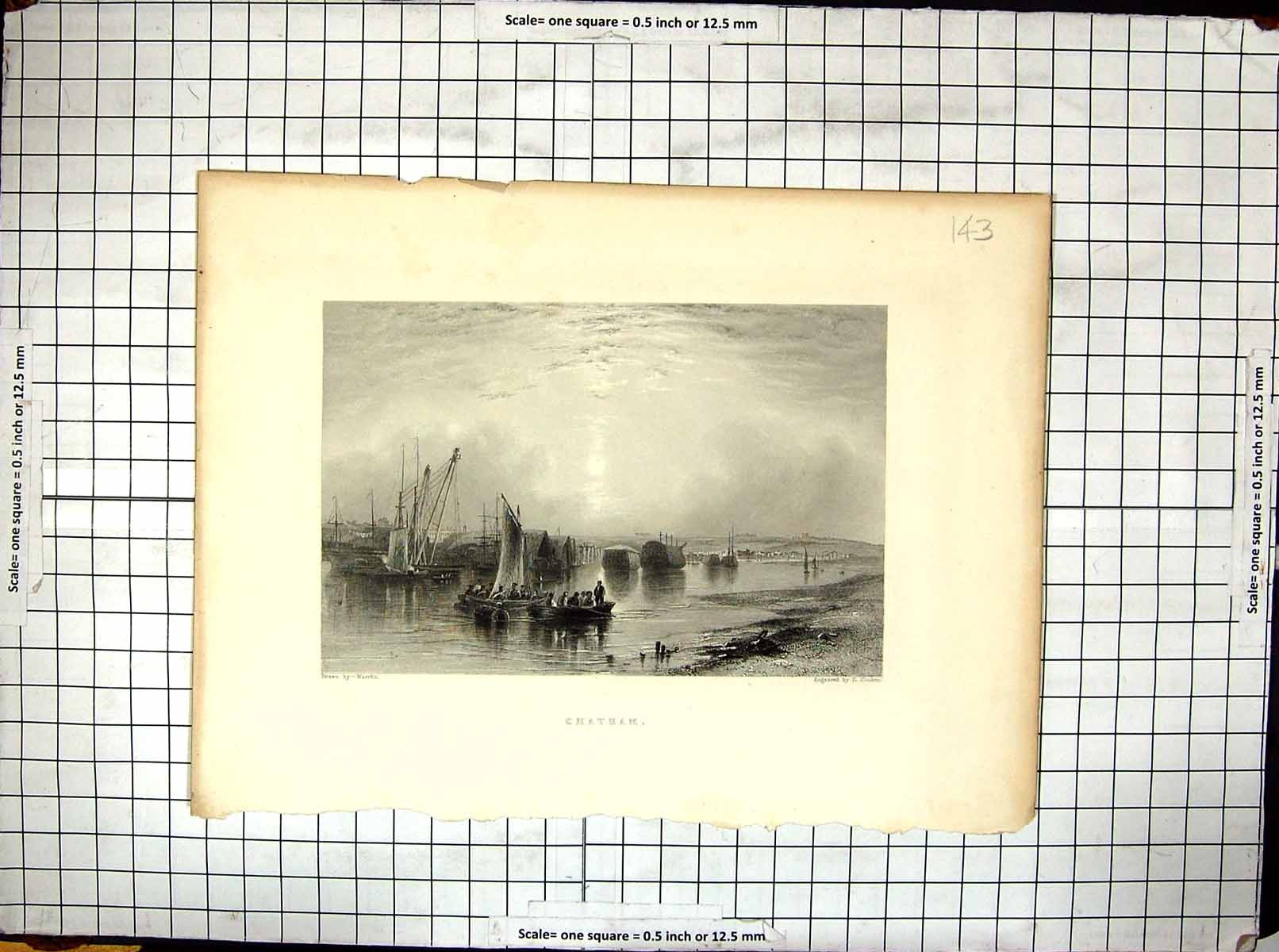 Original Old Antique Print Engraving View Chatham River Boats Finden Warren