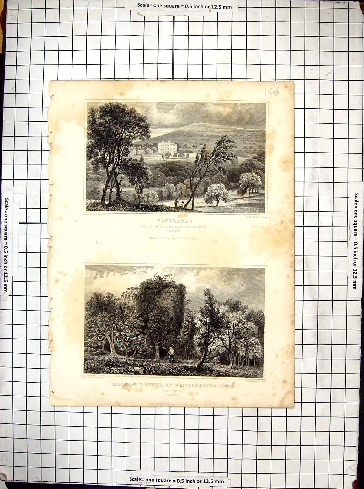 Old Engraving 1829 Sandlands William Deedes Kent Rosamond Westenhange 19th